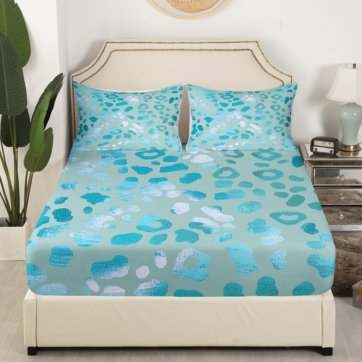 Blue Leopard Fitted Sheet,Double Size Cheetah Print Collections Wild Animal Skin Theme,Soft Decorative Fabric Bedding Deep Pocket for Children Teens Young Boys Girls,with 2 Pillowcases