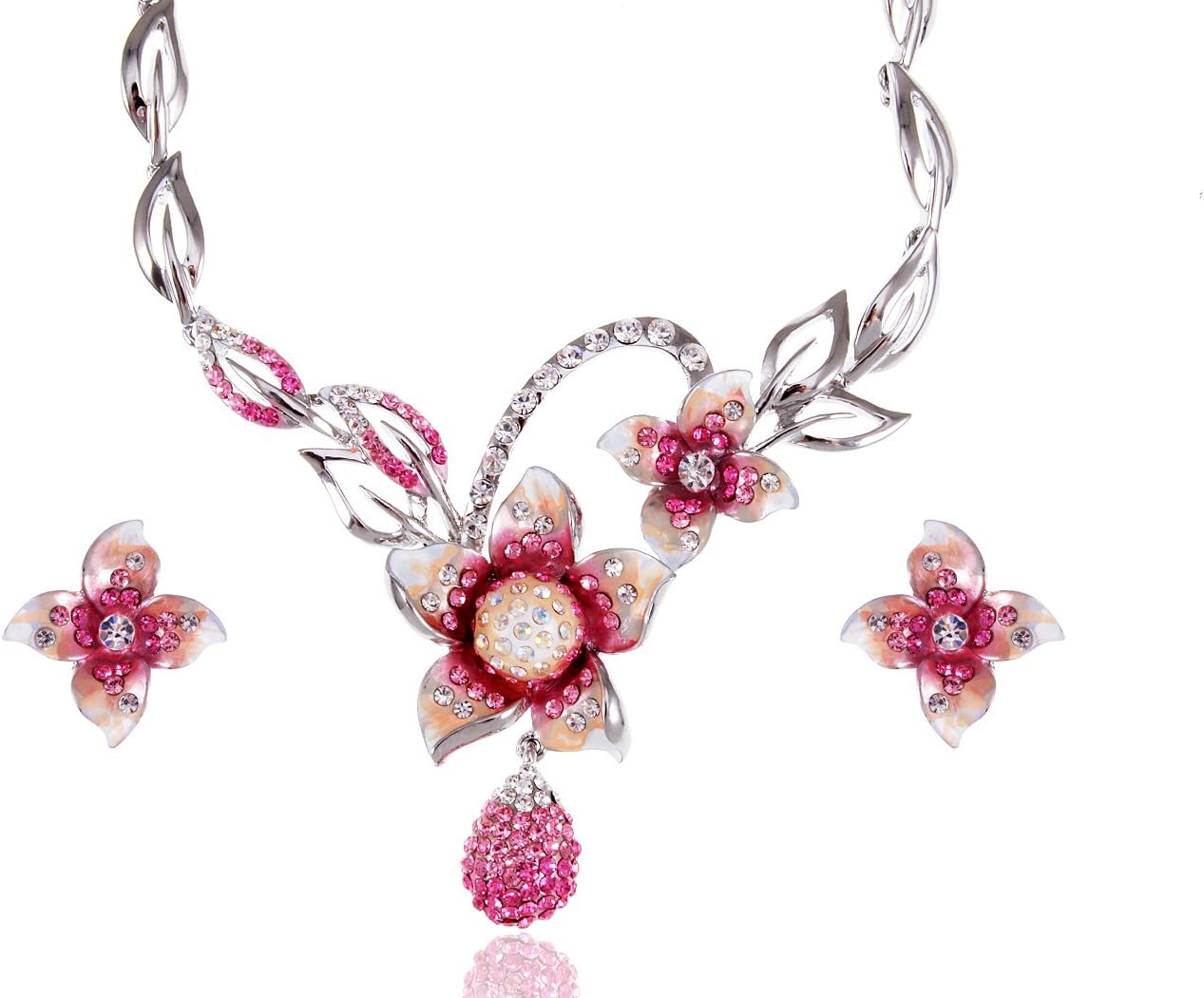 Alilang Painted Pink White Plumeria Flower Dangle Crystal Necklace Earring Set