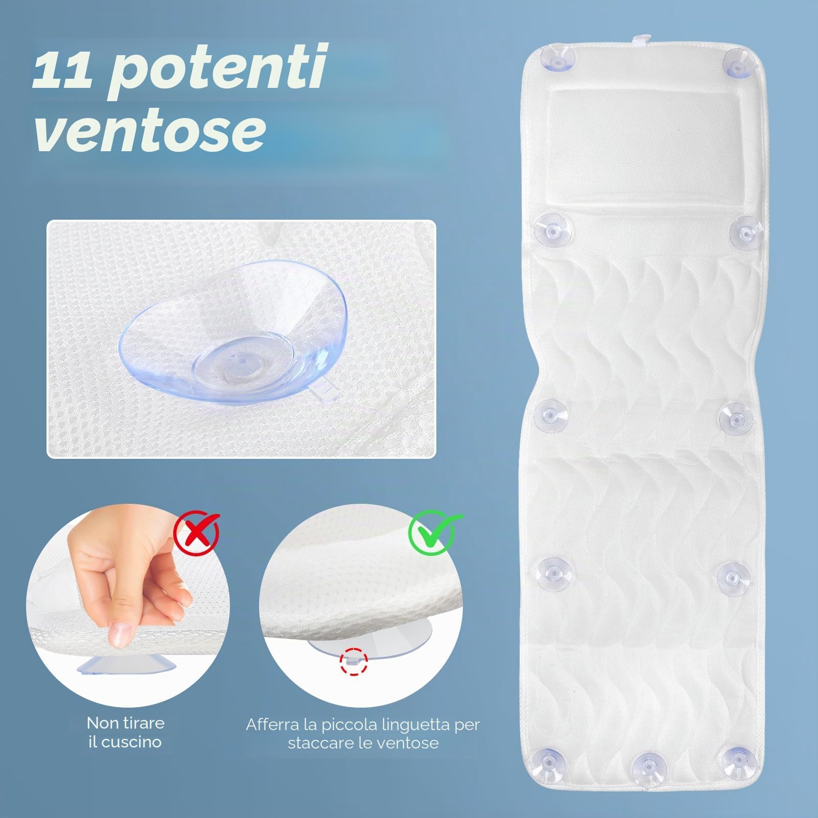 Cuscino Vasca da Bagno per Tutto il Corpo 123×40cm, Cuscino da Bagno con Ventose e Poggiatesta per Persone alte 160-180cm, Supporta Collo, Schiena e Gambe, Tessuto Traspirante in Rete 3D