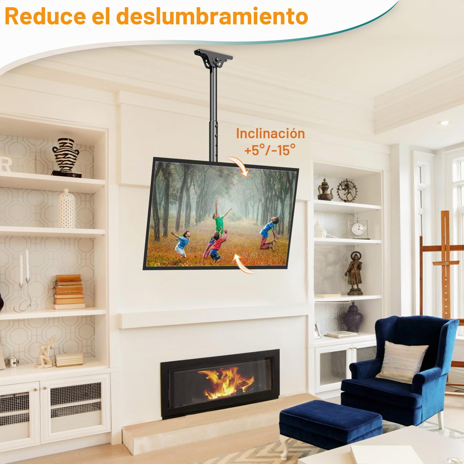 ELIVED Soporte de techo para TV para la mayoría de televisores planos y curvados de hasta 45 kg, máx. VESA 400 x 400 mm, altura ajustable para techo plano o techo inclinado, EV3015 | Soporte de TV regulable en altura para techo plano o techo inclinado EV3