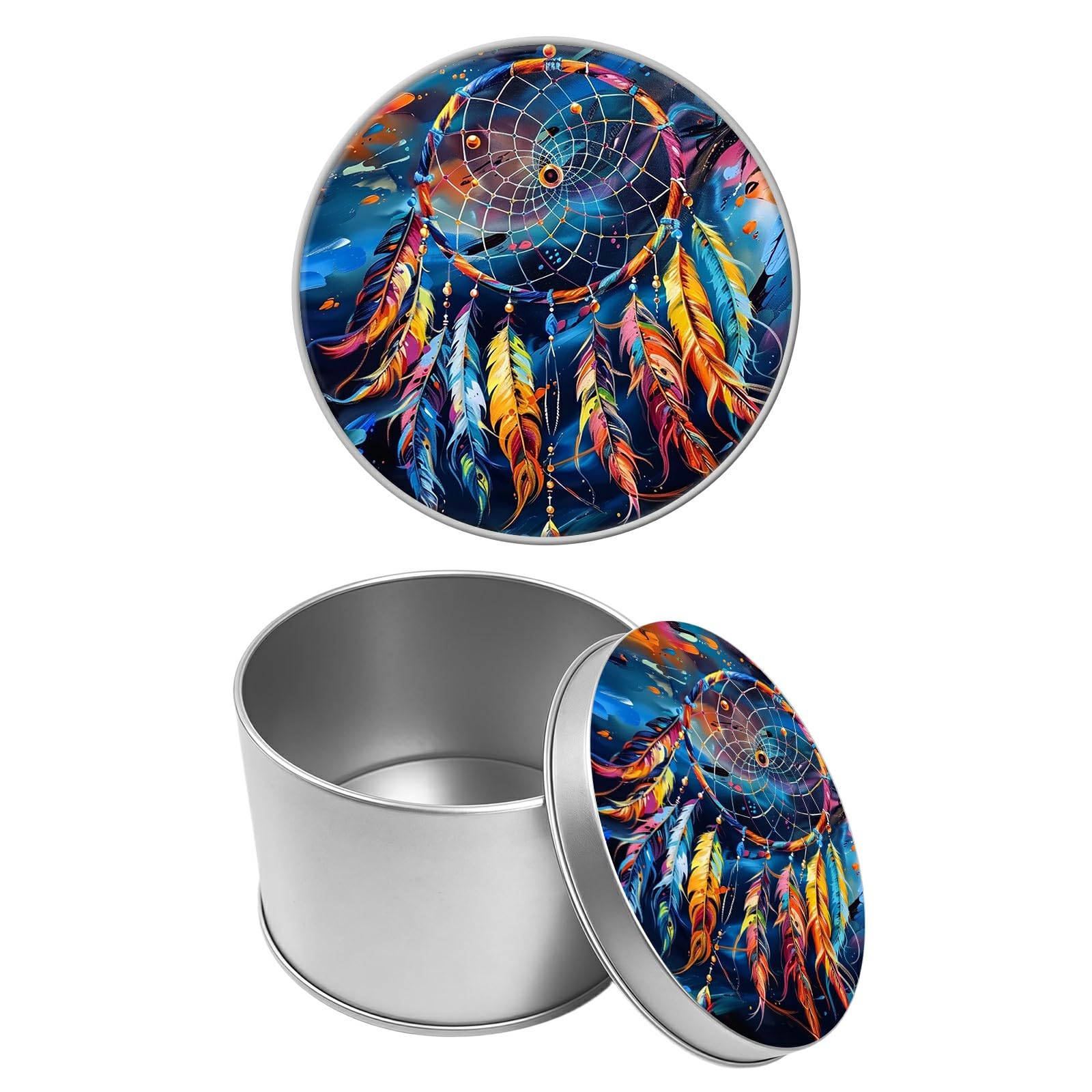 Round Metal Tin Container with Removable Lid, Dreamcatcher Durable Metal Storage Box for Cookies Spices Tea Candies Cakes Jewelry Cosmetics 3.54 x 2.36 inch– Single Pack