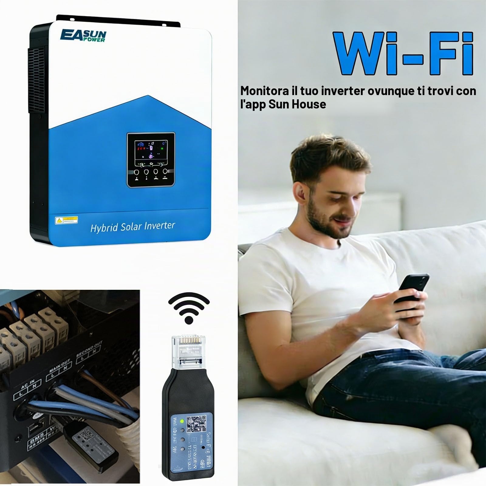 POWLAND 6200W Inverter ibrido da 48Vdc a AC 230V con modulo WiFi 2 uscite AC Larghezza PV 60-500VDC Off Grid Pure Sine Wave Solar Inverter 120A MPPT Per batterie al piombo e al litio