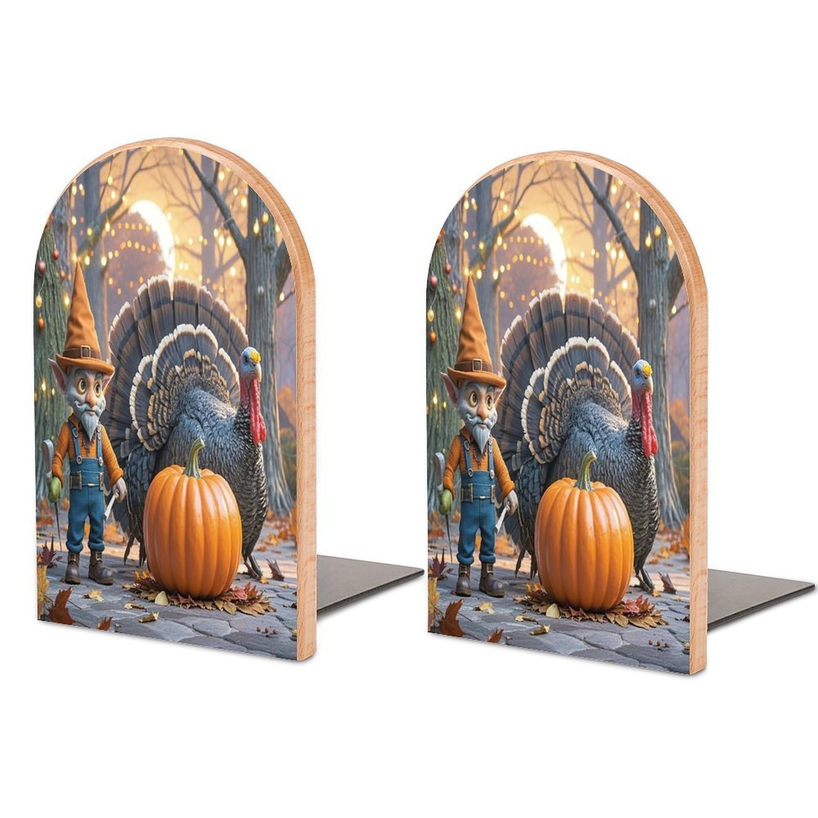 Turkey Dinner Day Bookend for Shelves Unique Book End Sturdy Books Holder Heavy Duty Wooden Bookends Support Non-Slip Book Organizers Decorative Modern Bookend Holder for Home