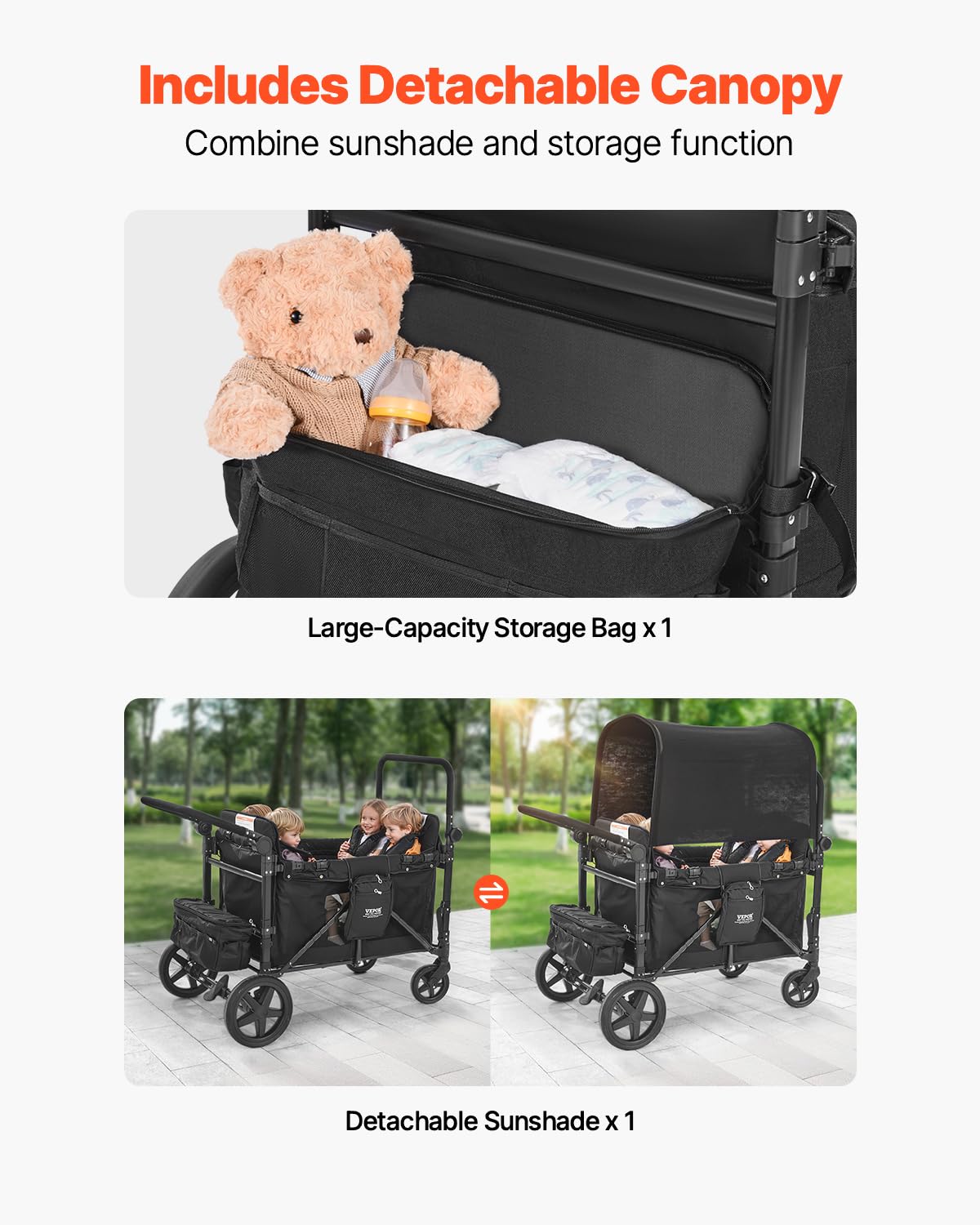 VEVOR Passeggino a Quattro Posti per 4 Bambini, Pieghevole con Maniglia Regolabile, Imbracatura di Sicurezza Tettuccio Rimovibile, Passeggino Bambini Comodo Resistente, Nero, Carico 150 kg