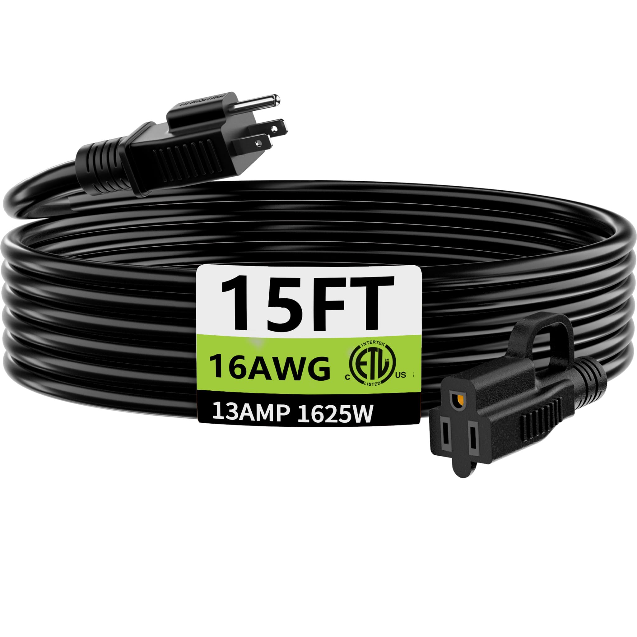 HUANCHAIN 15 FT Black Extension Cord, Outdoor Electric Cable, 16Gauge