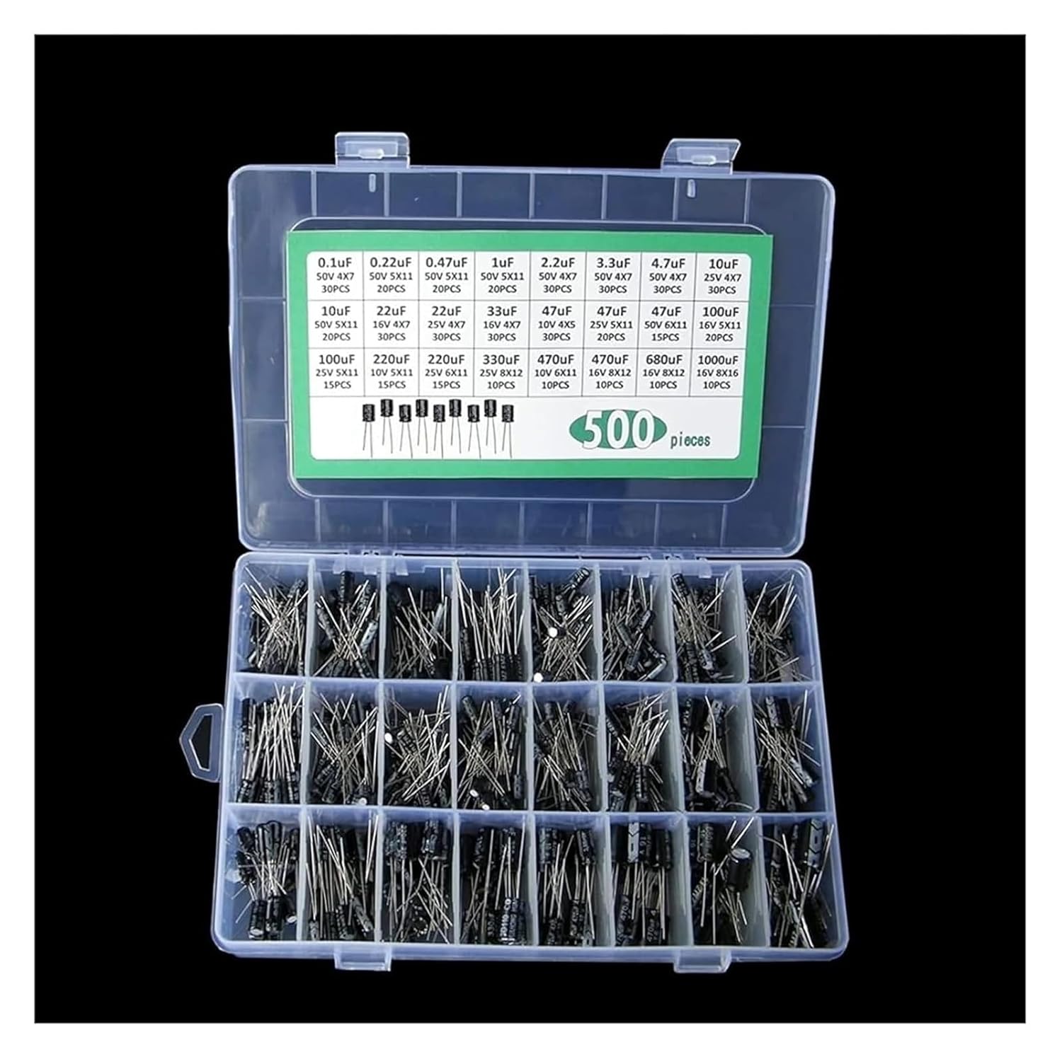 500Pcs/lot 0.1UF-1000UF 24Values Aluminum Electrolytic Capacitor Assorted Kit and Storage Box for Industrial Electrical,2615