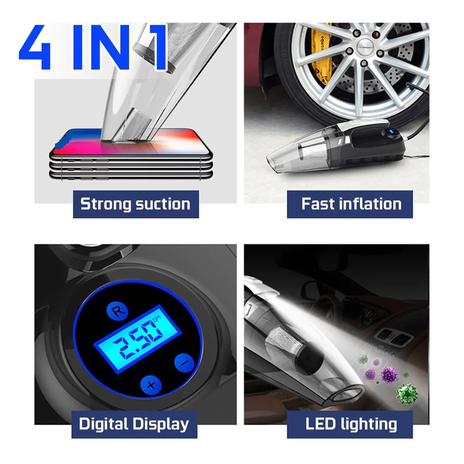 Aspiradora De Mano 4 En 1 For Coche, Bomba Aire For Auto DC 12V, Compresor Digital For Barco Inflable, Automóvil, Motocicleta SuccióN Potente(New Pointer)