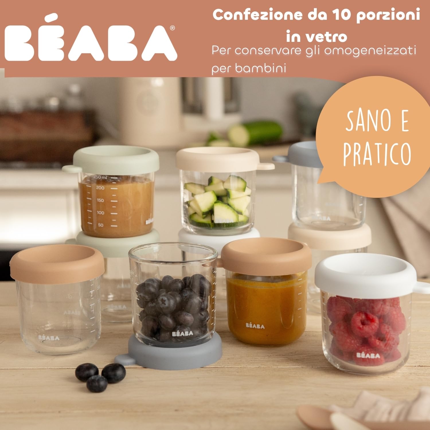BÉABA, Set 10 Contenitori in Vetro per la Conservazione dei Pasti del Bambino/Vetro Resistente, 100% Ermetici, Resistenti Caldo Freddo, Congelamento, Sterilizzazione, Graduati, 250 ml, Natural Colors