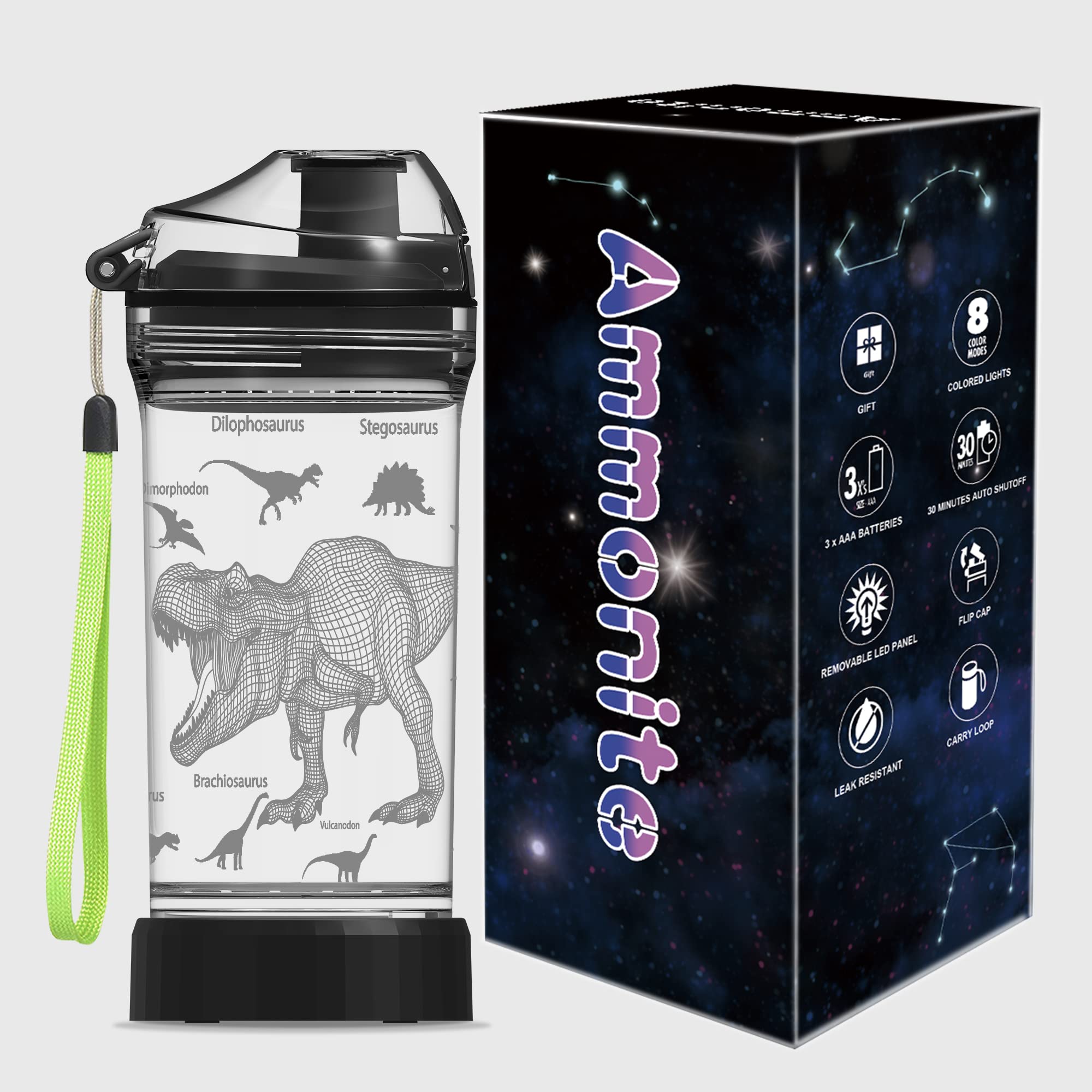 Bottiglia D'acqua Con Luce LED 3D Ammonite – Dinosauro Per Bambini – 400 Ml, Tritan BPA Free – Effetto Luminoso 7 Colori – Tazza Da Viaggio Giurassico