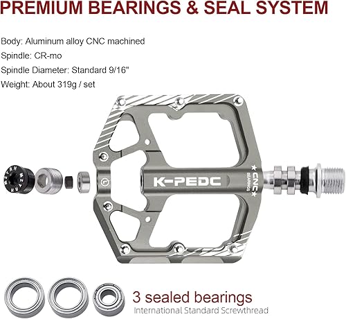 Miniatura 5 de Bike Pedal Aluminum Alloy 916" Bike Pedal MTB Wide Platform Flat Non-Slip Bicycle Pedals with 3 Bearings for Mountain Bikes, Road, BMX