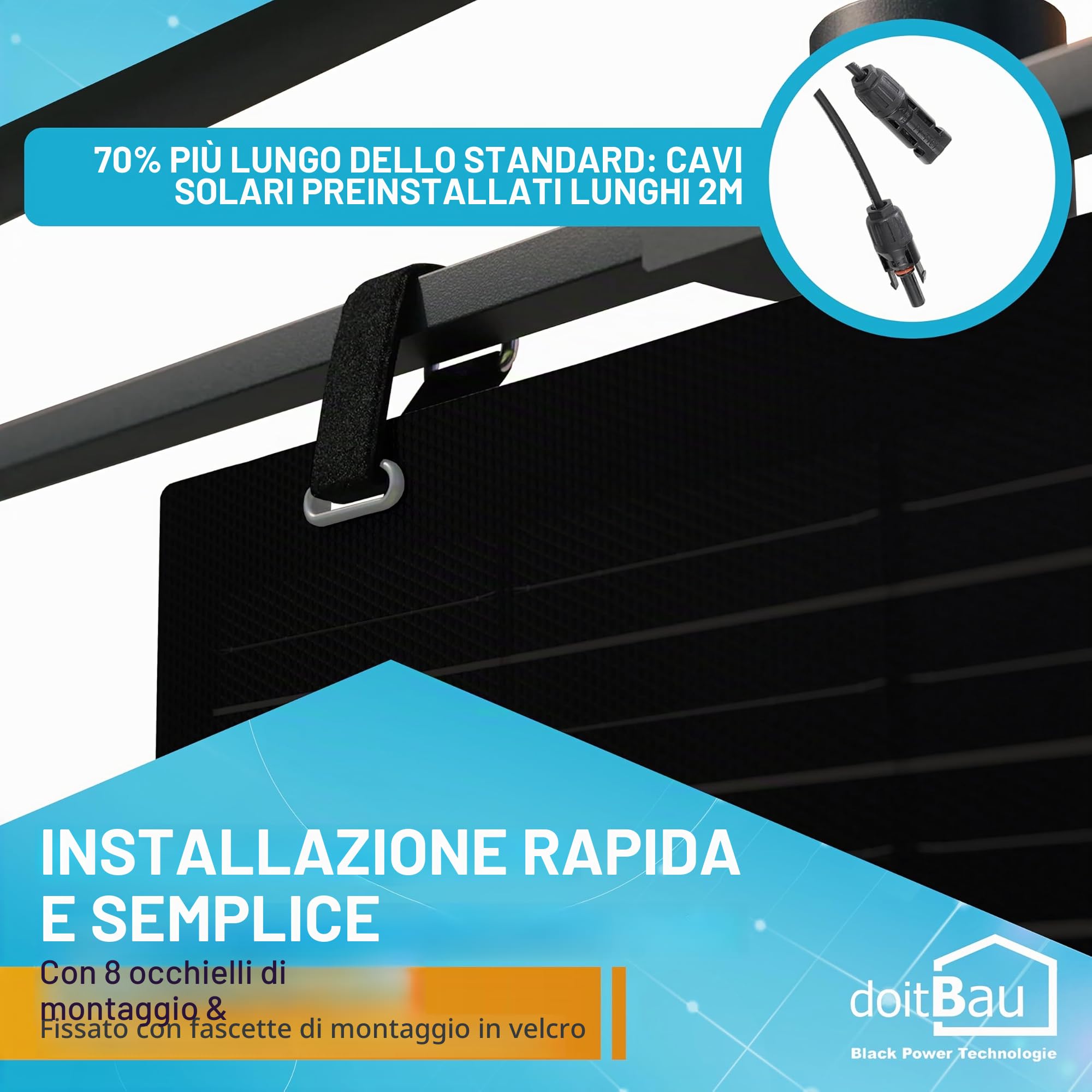 doitBau Modulo solare flessibile 200 W Full Black con scatola posteriore, ultra sottile 2 mm, 1,9 kg, 1352 × 770 mm, per camper, barca, balcone e tetto