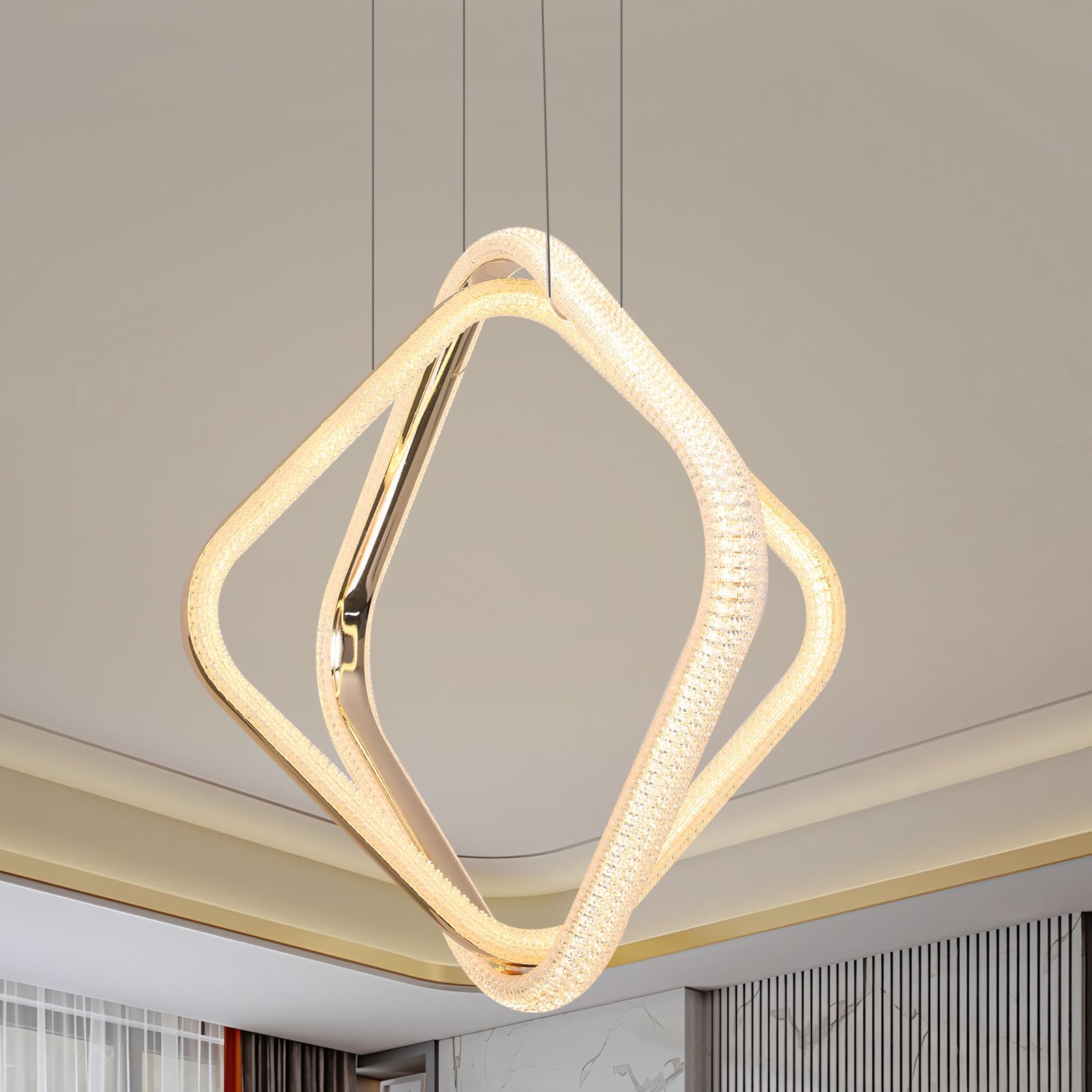 YT YATAI LIGHTING Modern LED Chandelier Bedroom, Electro-gilding Gold 2 Square LED Chandelier Light for Dining Room Table, Kitchen Island, Bedroom, Acrylic Adjustable Color Temperature Chandelier Lamp