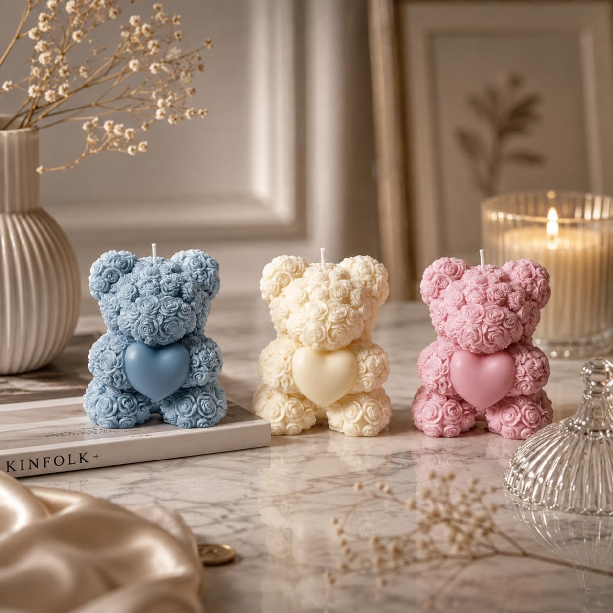 AAURAFUL Mini Teddy Scented Candle (Set of 3) Aromas Cute Mini Teddy Shape, Long-Lasting Fragrance, Gift for Home Decor & Relaxation (White,Pink & Blue(55g Each)-image-19