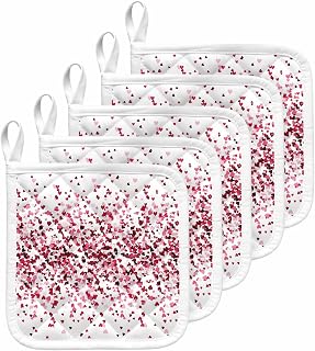 Happy Valentine's Day Pot Holders for Kitchen, Dispersion Pink Red Love Hearts Pot Holder with Loop Trivet Heat Insulation Oven Mitts Hot Pads, Washable Potholders for Cooking Baking 5 Pack