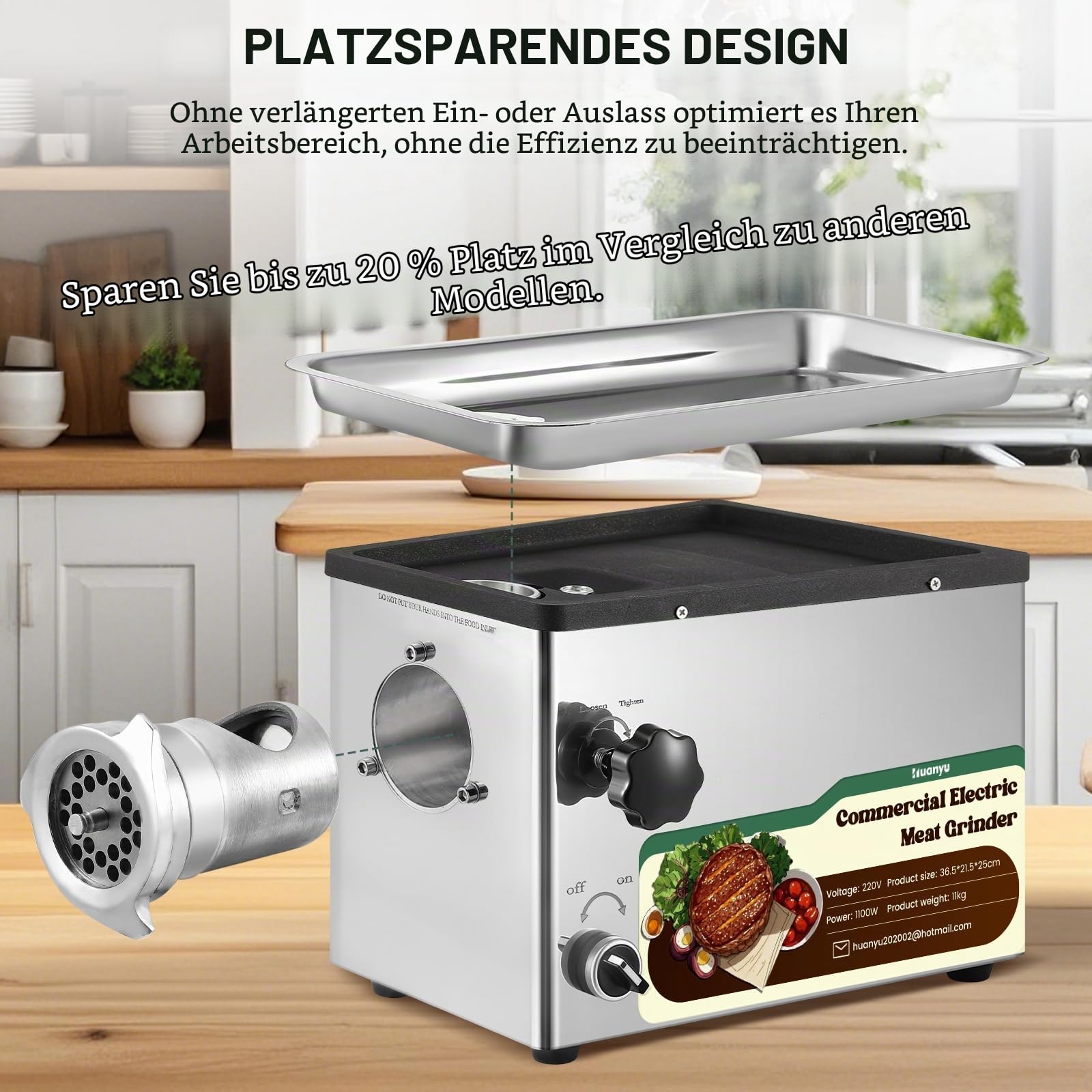 Huanyu Fleischwolf Elektrisch 1100 watt Gewerbe Fleischwolf mit Wurstfüller Elektrische Hackfleisch Maschine mit 2 Schneidmessern und 4 Schneidplatten