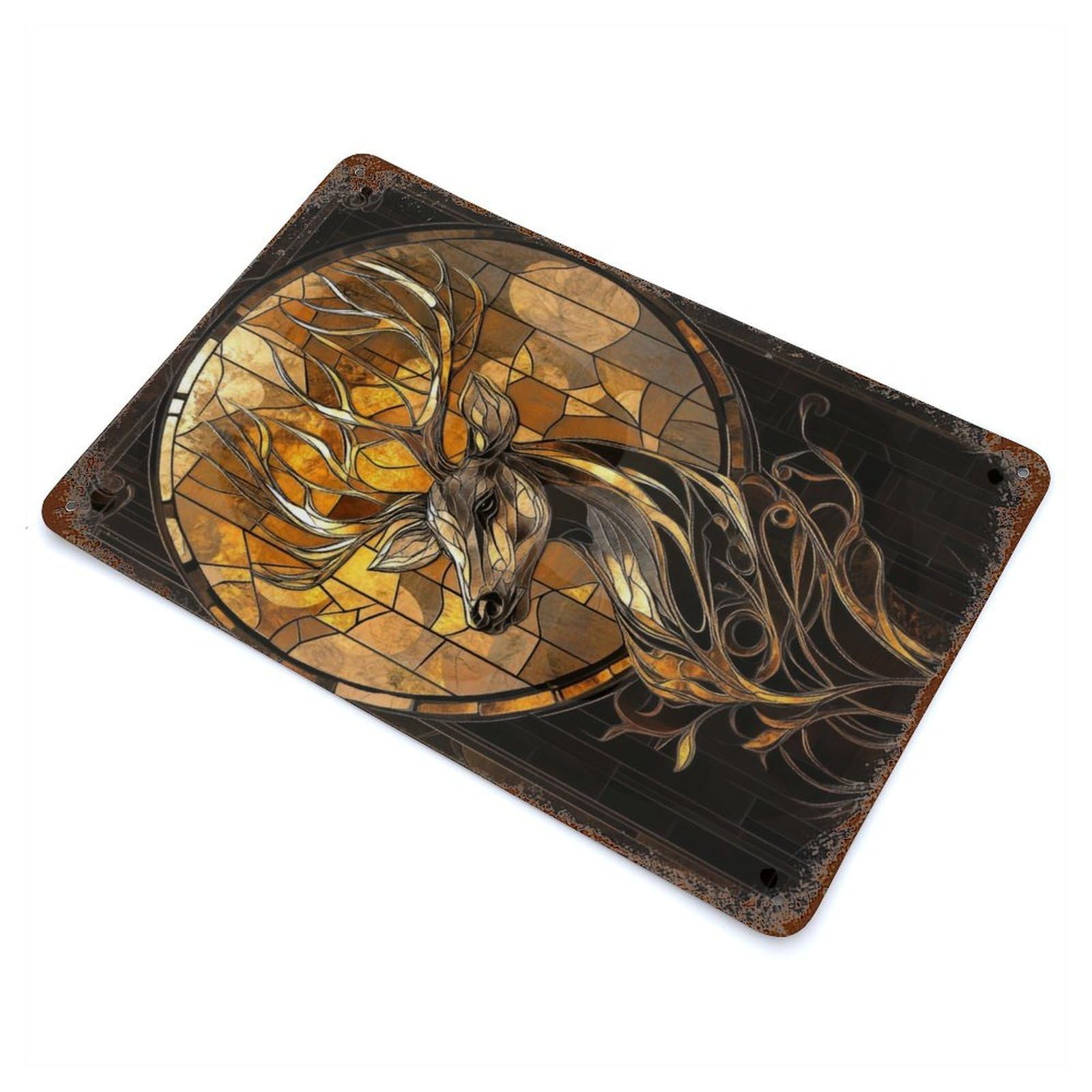 Retro Metal Sign Stained Glass Deer 11.8"x7.9", Retro Wall Decor for Living Room, Hallway And Home Decor