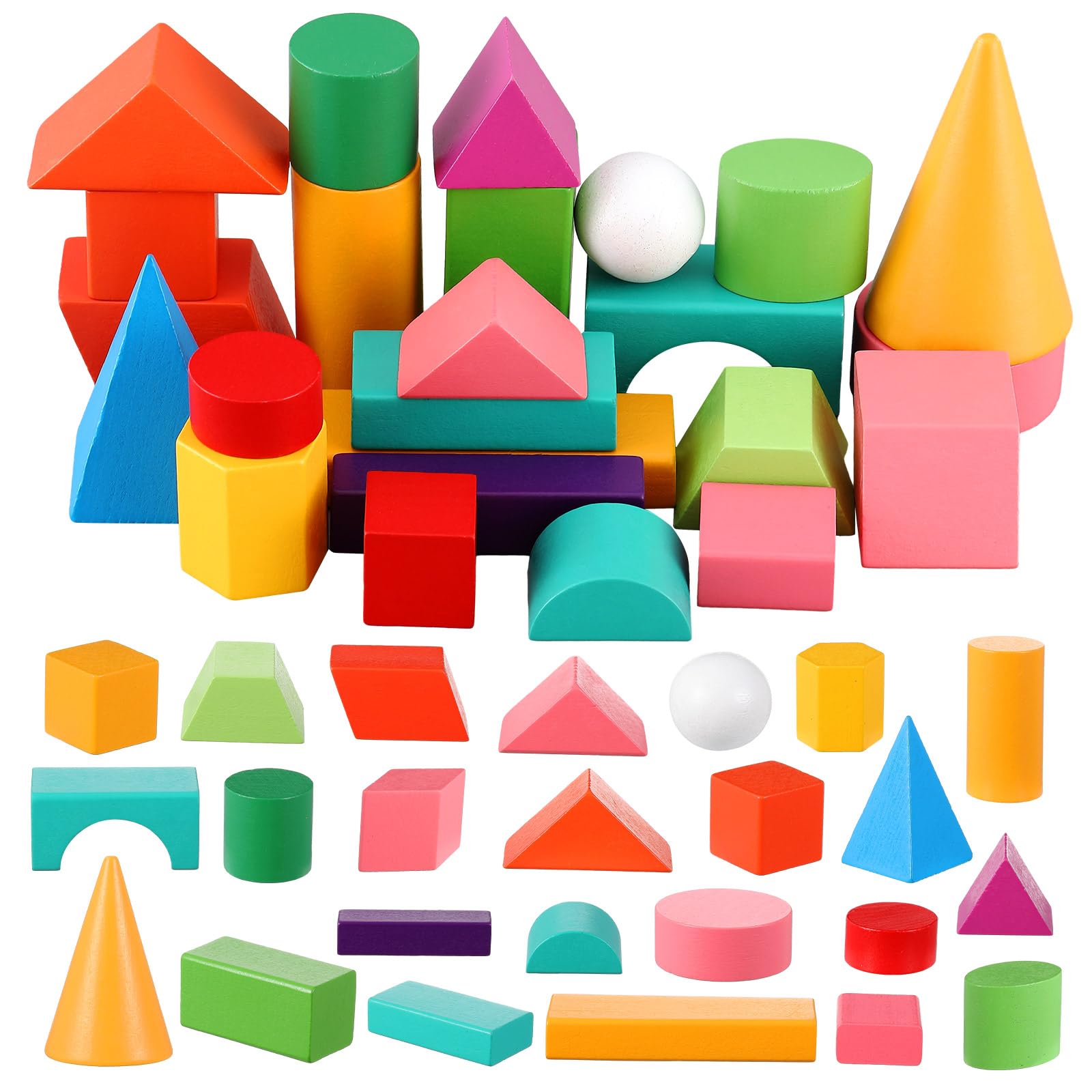 Deekin 24 Pcs Large 3D Shapes Geometric Solids Wooden Blocks, Wooden Shape