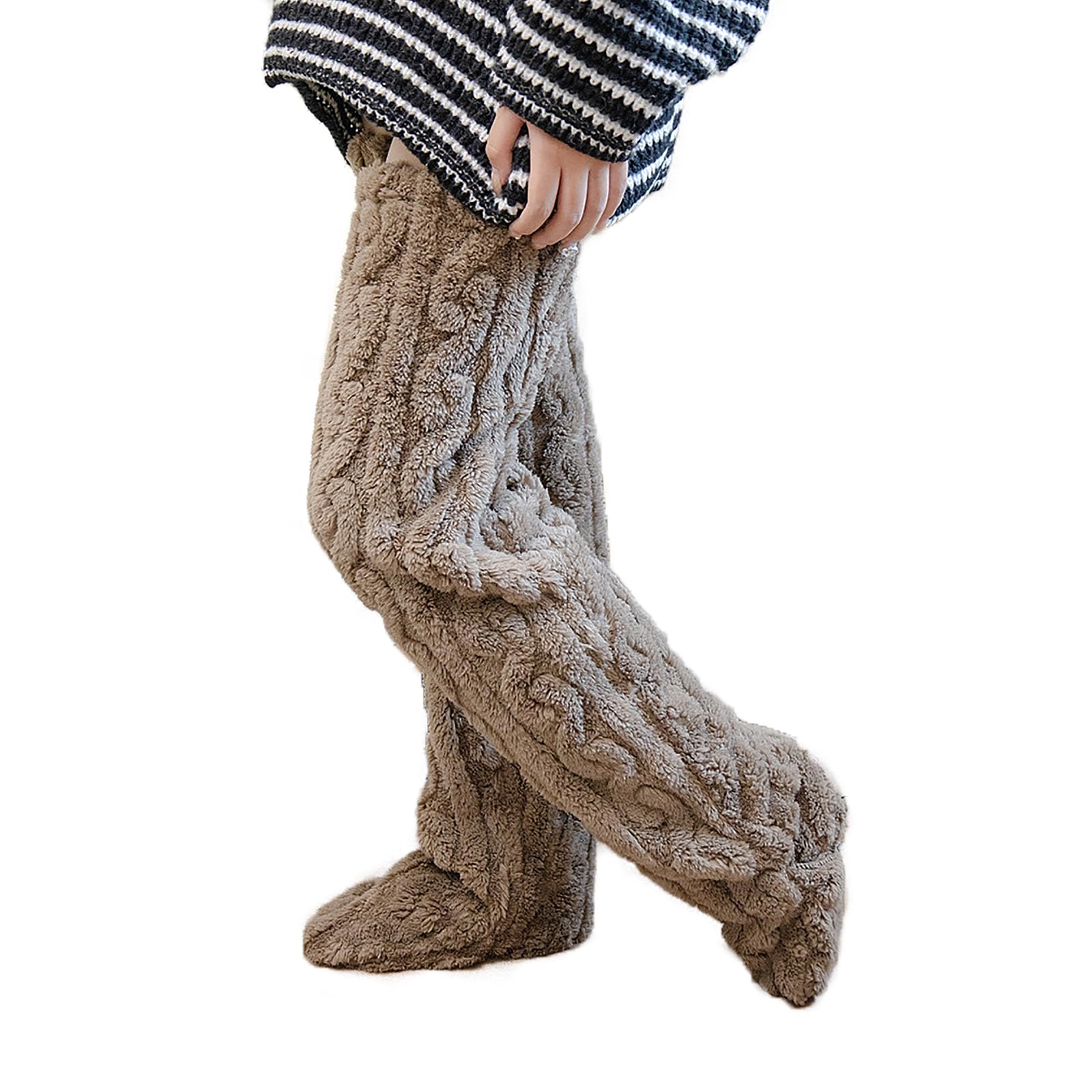 Women's Fluffy Over Knee Sock Winter Warm Coral Velvet Knee High Socks Furry Long Leg Warmers Fuzzy Thermal Cold Feet Stocking Home Sleeping Socks (UK, Alpha, One Size, Regular, Regular, Brown)
