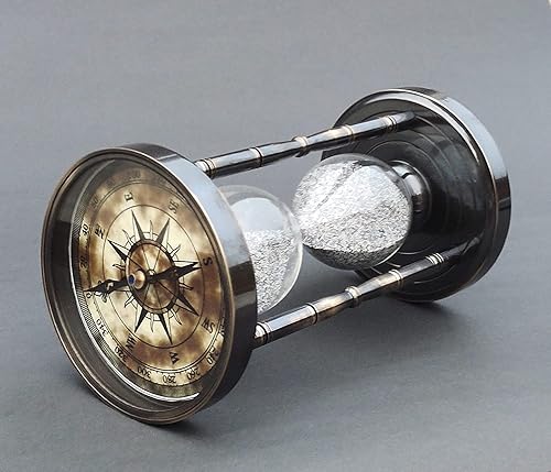 Miniatura 6 de Temporizador náutico de reloj de arena de 5 minutos, temporizador de arena de latón macizo con brújula totalmente funcional en ambos lados (brújula