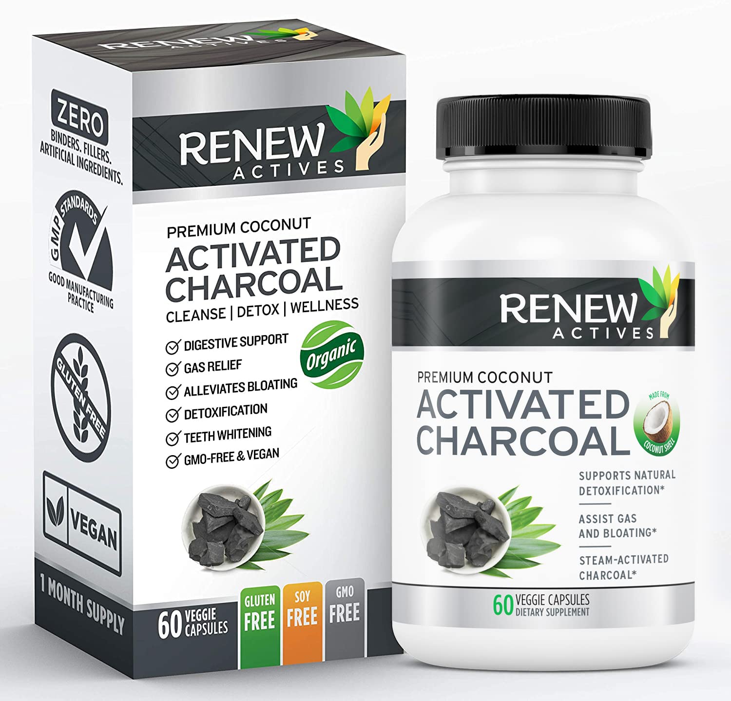 Renew Actives Extra Strength Activated Charcoal Pills Capsules Made from Natural Organic Coconut :: 60 ct. for Digestive Support and Teeth Whitening : Made in The USA with No Artificial Ingredients