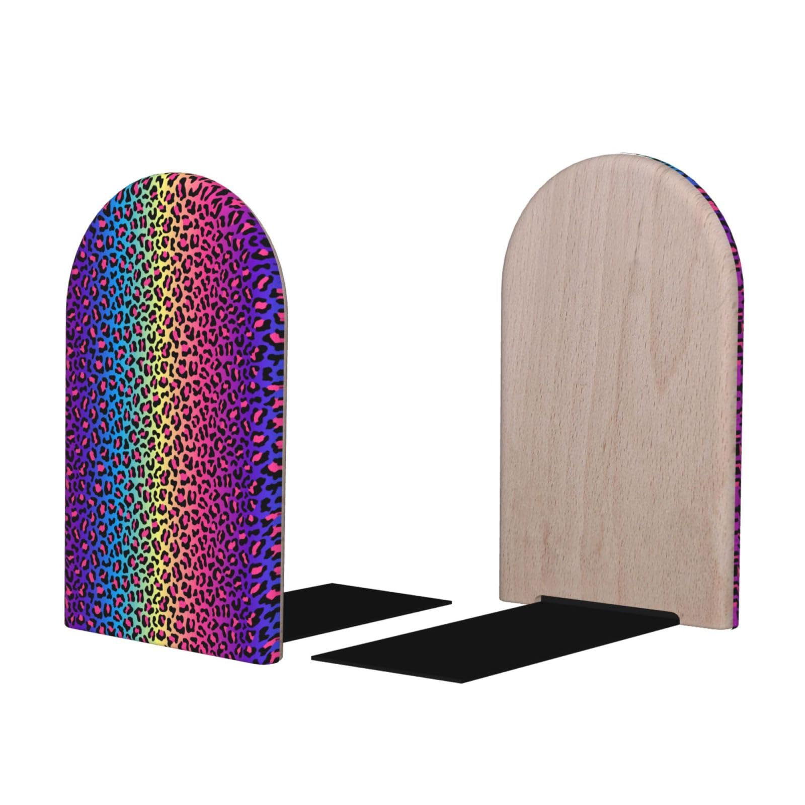 Bright Leopard Rainbow Print BookEnds 1 Pair, Decorative Bookends for Heavy Books, Wood Book Ends for Shelves, Book Organizer for Home Desk Office Supplies