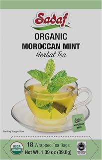 Sadaf Organic Moroccan Mint Tea - Mint Tea Bags - Ideal for Hot or Iced Tea - Organic Herbal Tea - Kosher - 18 Wrapped Tea Bags