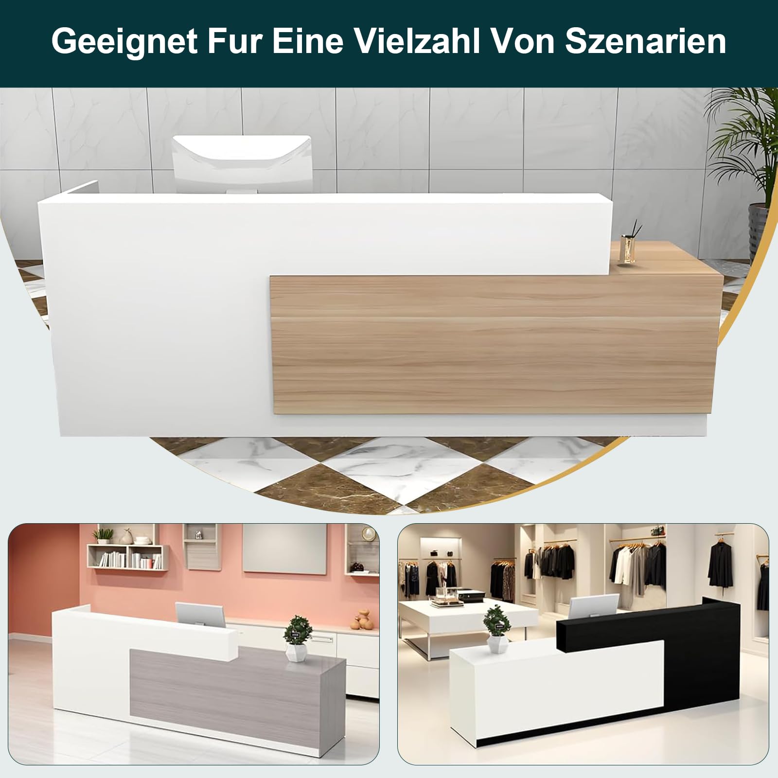 Empfangstresen für Praxis Moderne Empfangstheke aus Holz 160x60x100cm Kleinere Rezeptionstheken für Büro Boutique Spa Weiß–Schwarz–Links