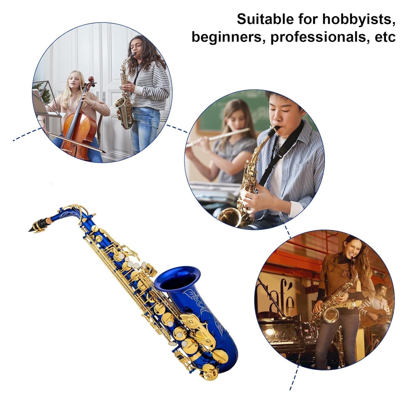 Przyciski muszli, instrumenty muzyczne, saksofon,Eb Alto Brass E Flat 802 Instrument dęty drewniany z wyciorem ściereczka rękawiczki pasek wyściełany futerał,Alto,(Blue)