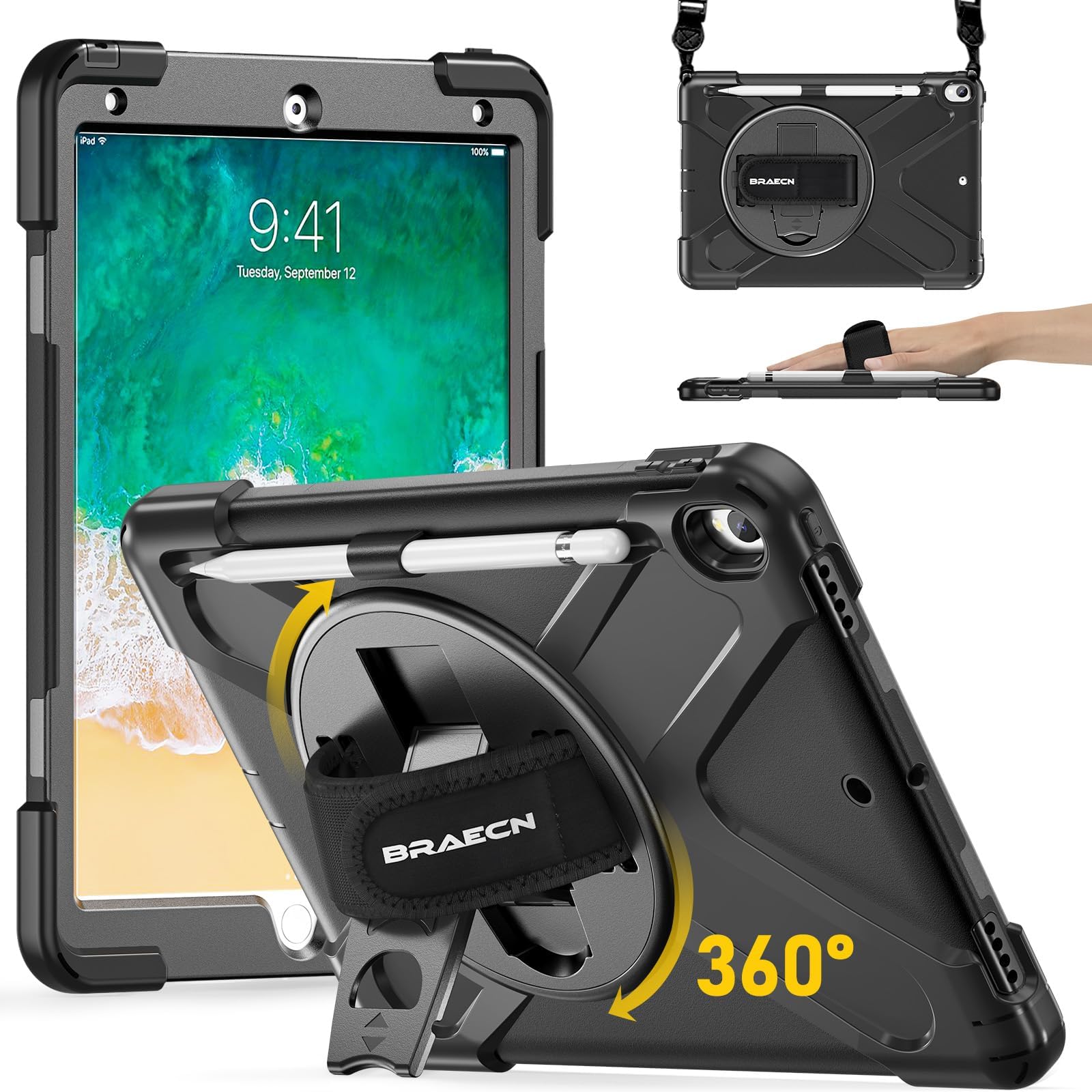 – Case for iPad Air 3rd Generation 2019, iPad Pro 10.5 inch Case, Heavy Duty Shockproof Rugged with Pencil Holder, 360° Rotating Stand & Hand Strap, Shoulder Strap for iPad Air 2019 - Black