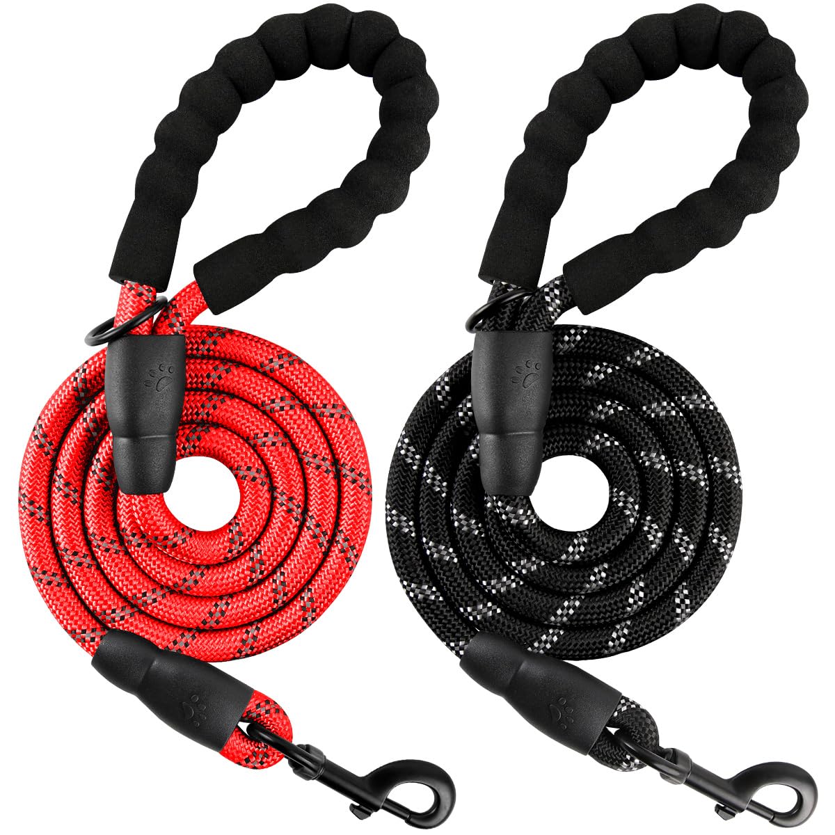 BARKBAY 2 Pack Dog leashes for Large Dogs Rope Leash Heavy Duty Dog Leash with Comfortable Padded Handle and Highly Reflective Threads 5 FT for Small Medium Large Dogs(Red+Black)