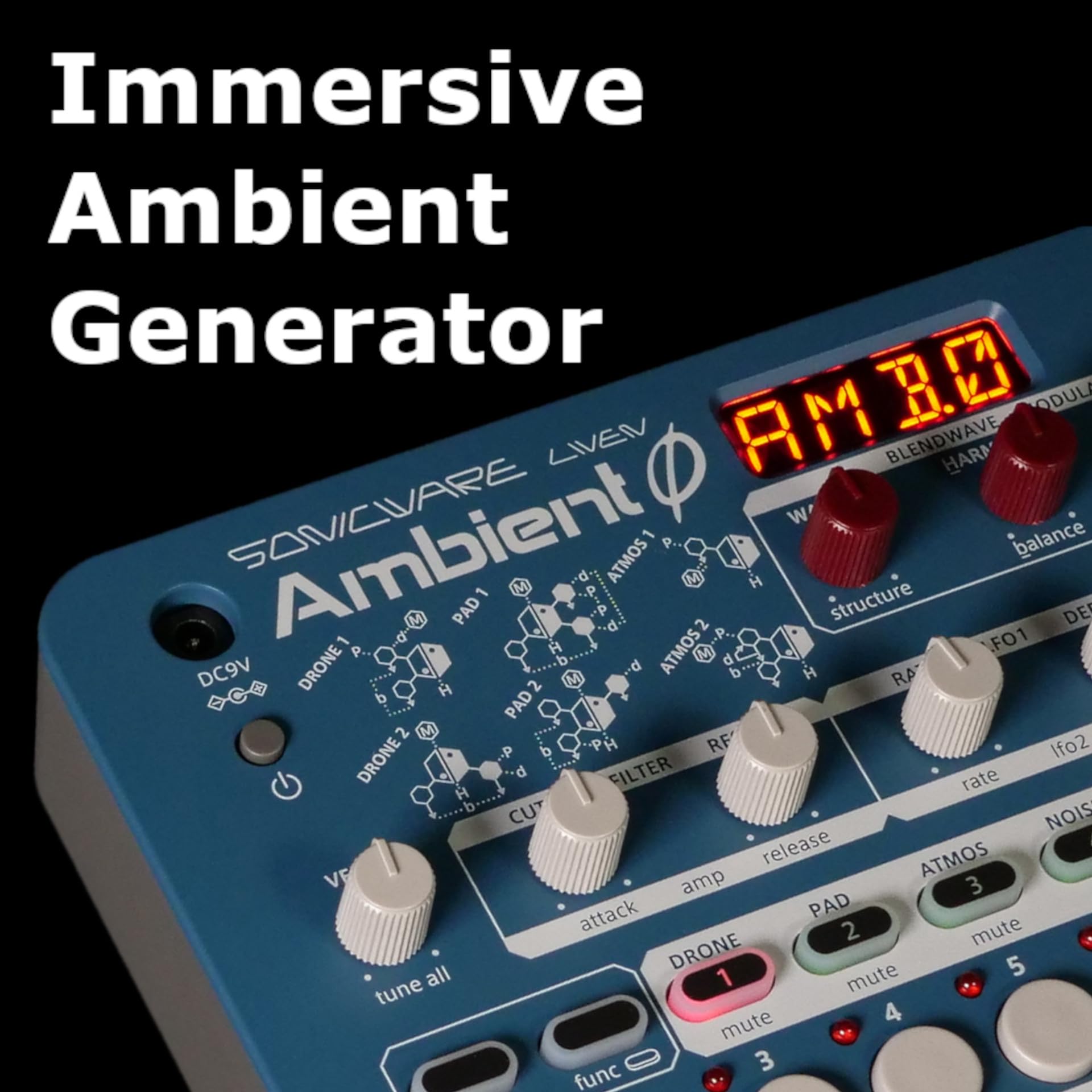 Liven Ambient Ø [Soundscape Synthesizer] 4-Layer Ambient Generator for Drone, Pad, Atmos & Noise—Delay, Reverb, Wavetable Synth, Portable with Built-in Speaker & Battery Power