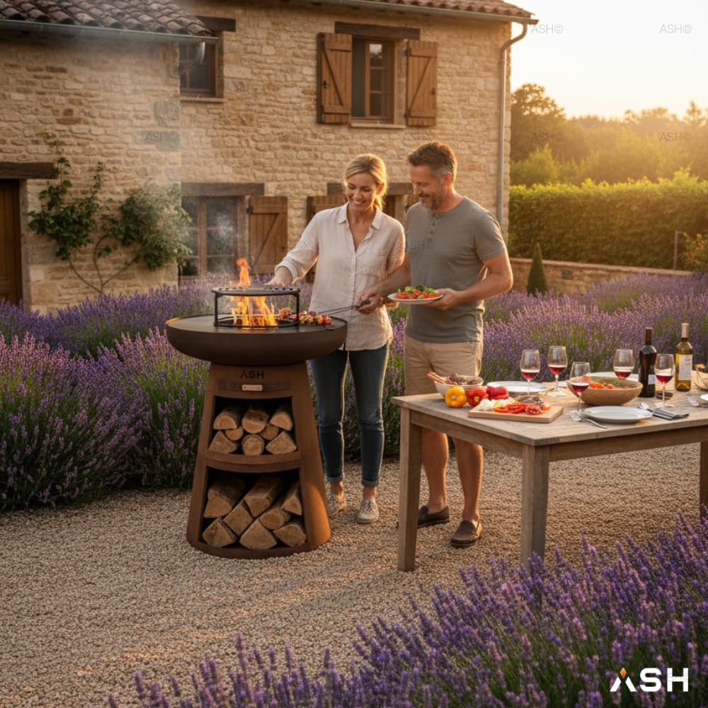 Plancha Acier Corten Couleur Rouille Plaque de Cuisson Exterieur Anneau de Barbecue Cheminee de Jardin Rangement du Bois Aspect Luxueux