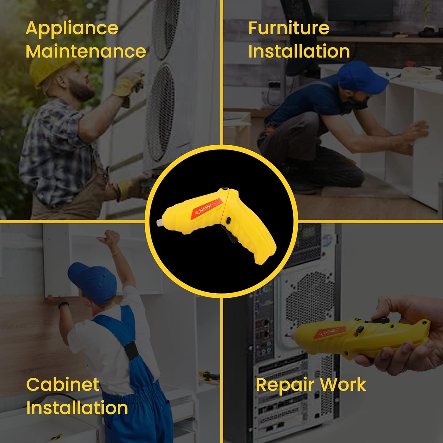 Homdum MAF Rechargeable and 90° Rotatable Cordless Drill Screwdriver Kit with Onboard LED Light and 11 Pieces Accessories 4V 6.35mm (Yellow)