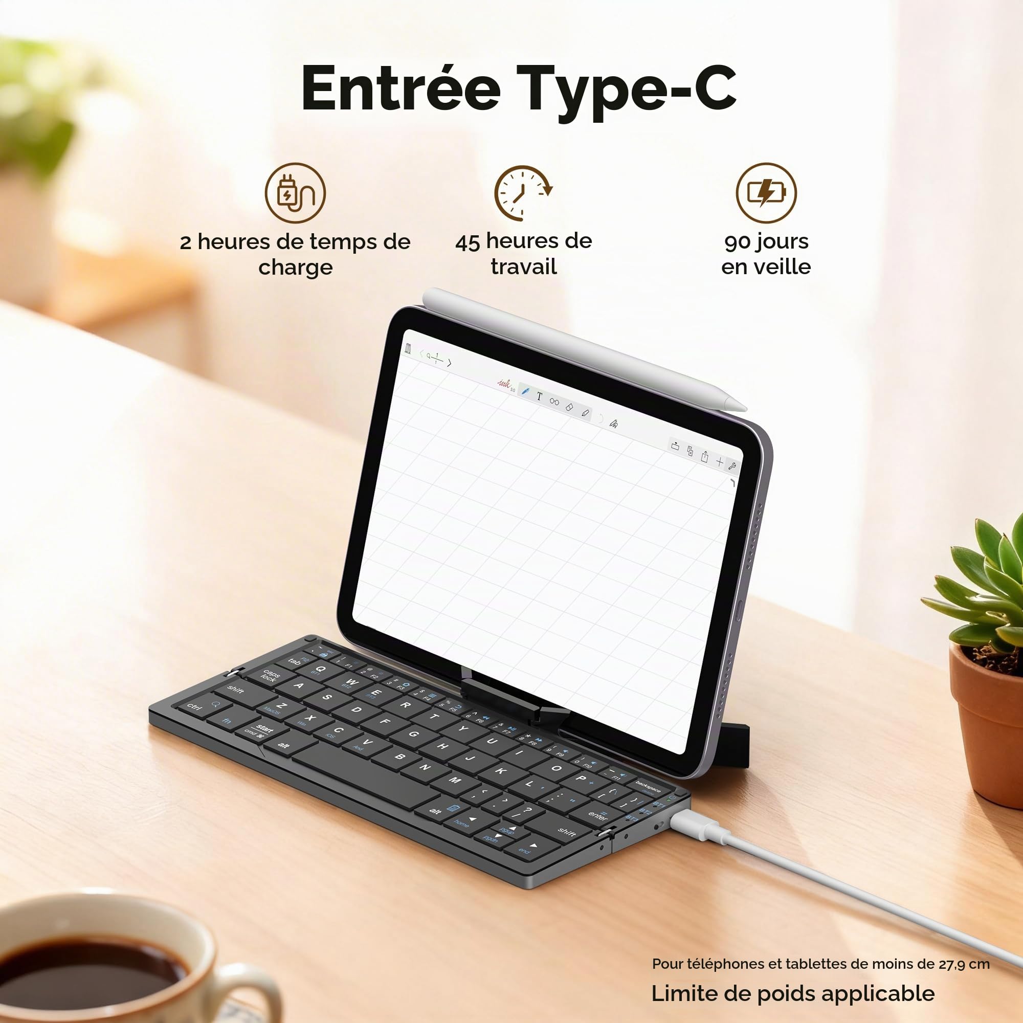 Clavier sans Fil Pliable avec Support, Mini Clavier sans Fil QWERTY Portable pour Voyages, Silencieux pour iPad/Ordinateur/Tablette/Smart TV, Windows/iOS/Mac OS/Android (Noir)