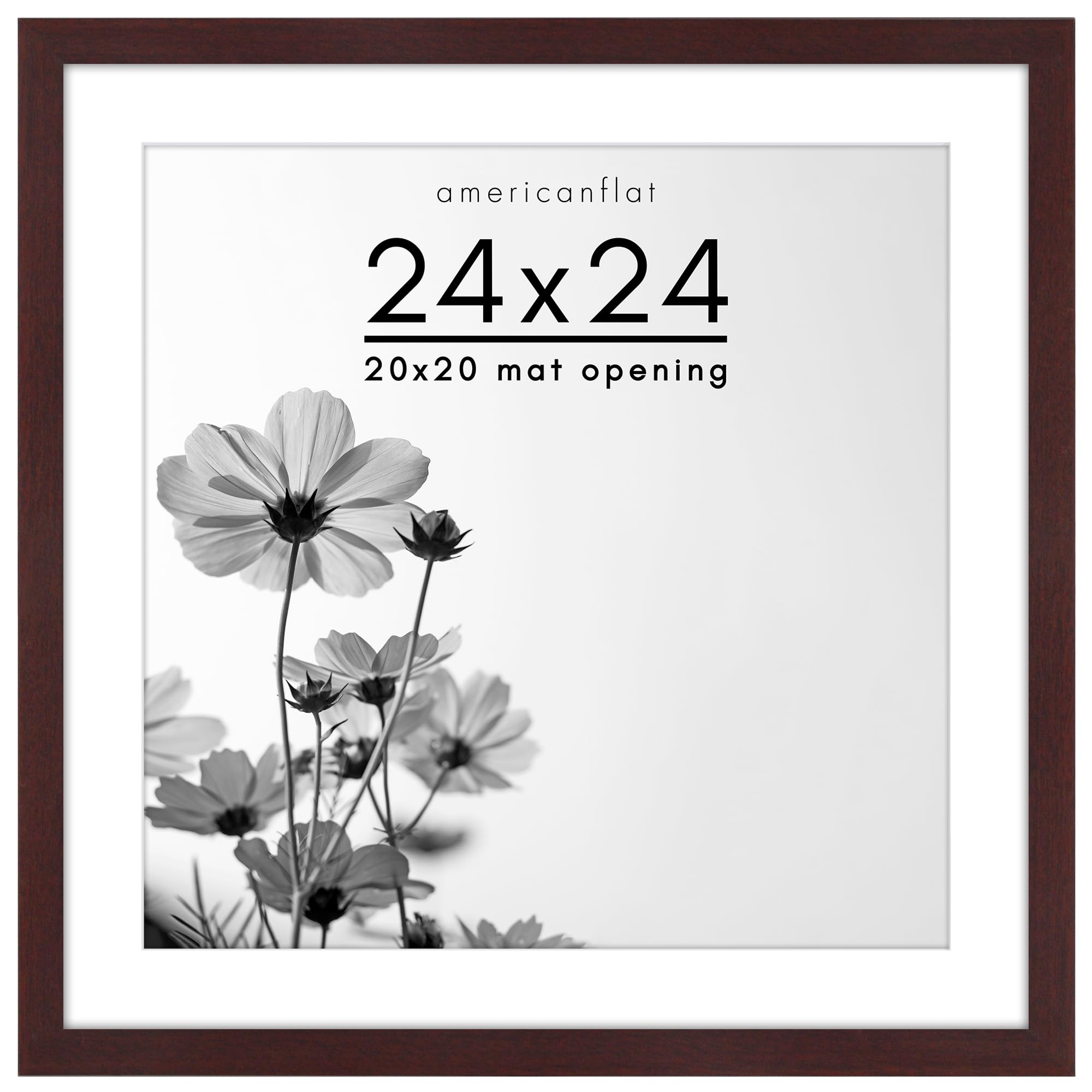 americanflat 24x24 picture frame in mahogany - use as 20x20 picture frame with mat or 24x24 frame without mat - wide engineered wood frame, plexiglass cover, and hanging hardware for wall