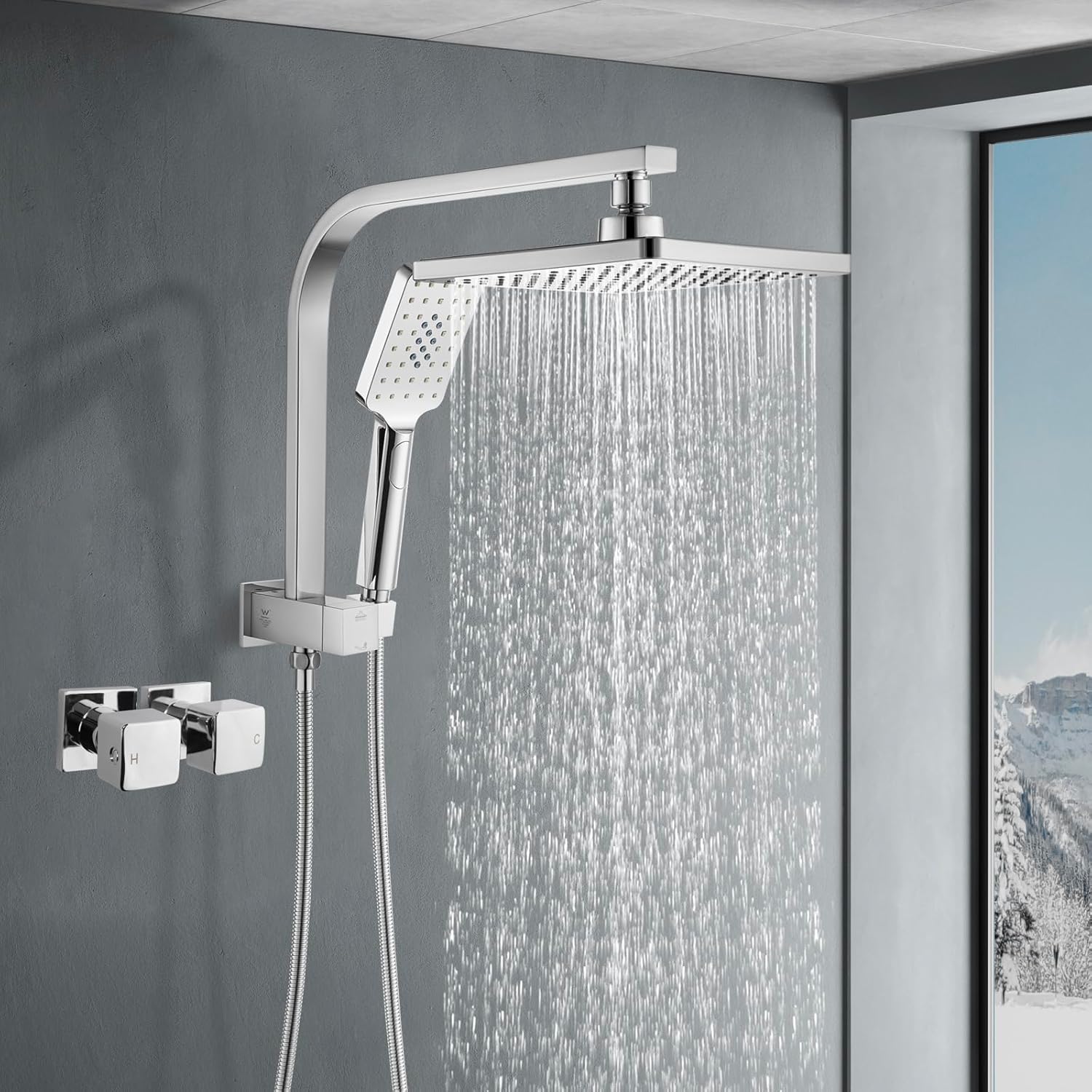 ACA International WELS Rain Shower Set with Twin Shower Tap, 200mm Square Rain Shower Head 3
