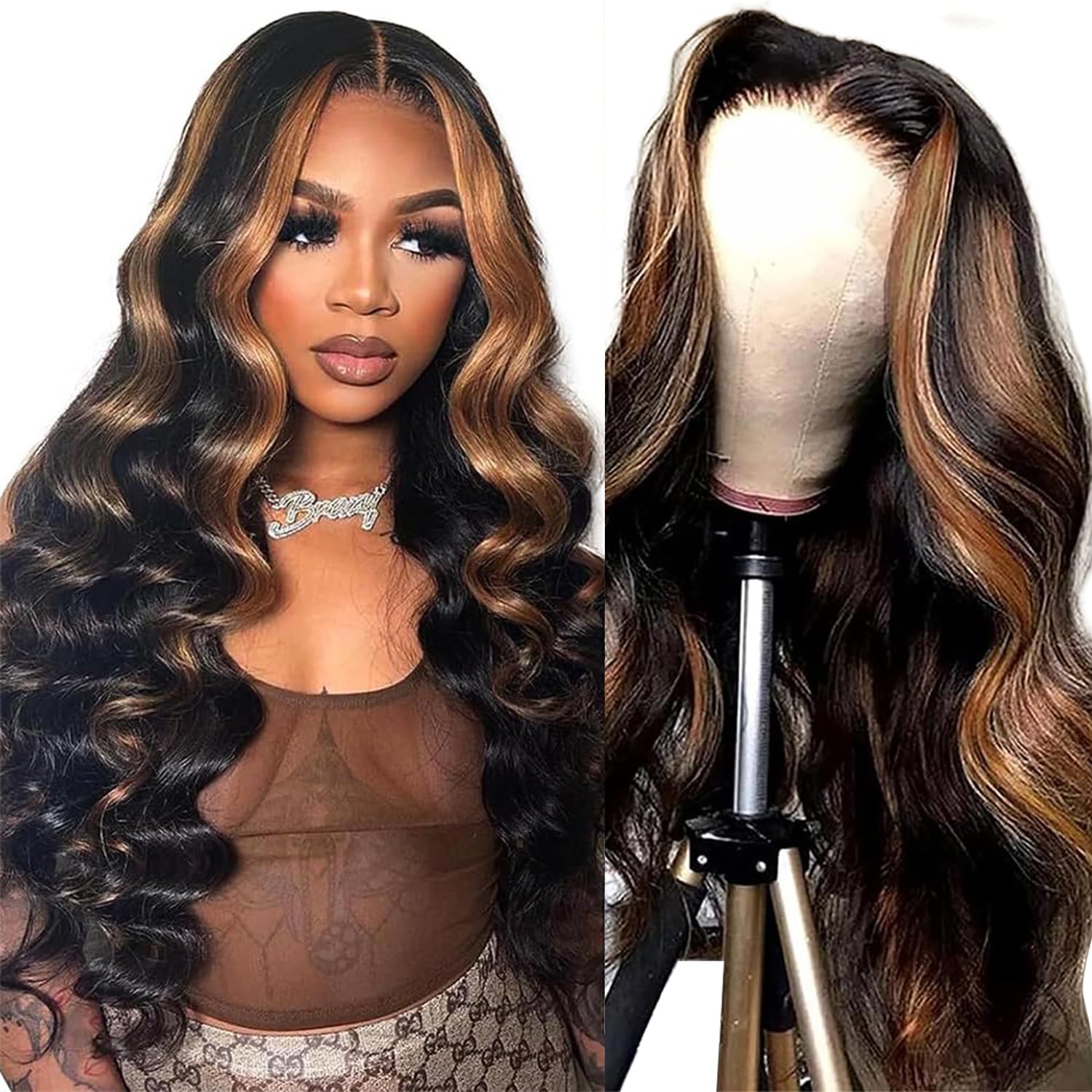 Fulllace full lace wig highlights black 1B/30 Wig 1B/30 Body Wave Highlight Wig Human Hair 30 Inch 13x4 HD  main image 3