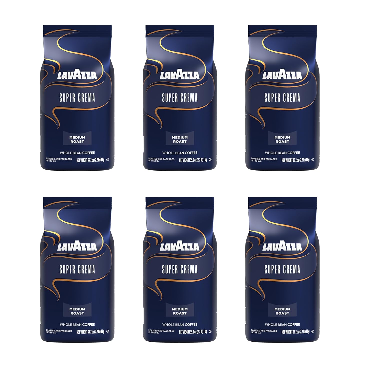 Lavazza Super Crema Whole Bean Coffee, Medium Espresso Roast, Arabica and Robusta Blend, 2.2 lb Bag (Pack of 6)