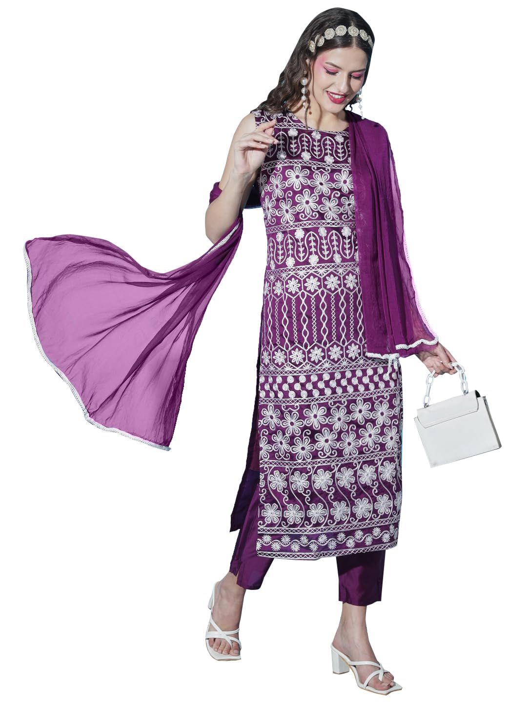 VredeVogel Women's Cotton Silk Blend Embroidery Kurta with Pant & Nazneen Dupatta Set