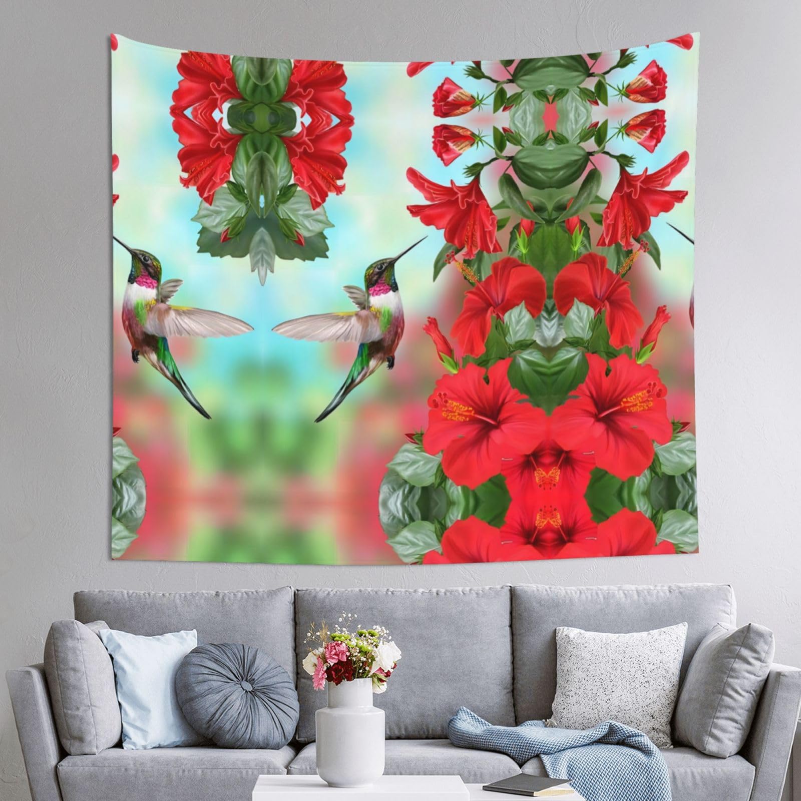 HLSBSSL 60x51in Hummingbird Red Hibiscus Flower Printed Tapestry Tablecloth for Dormitory and Picnic Rooms - Multifunctional Fabric Hanging