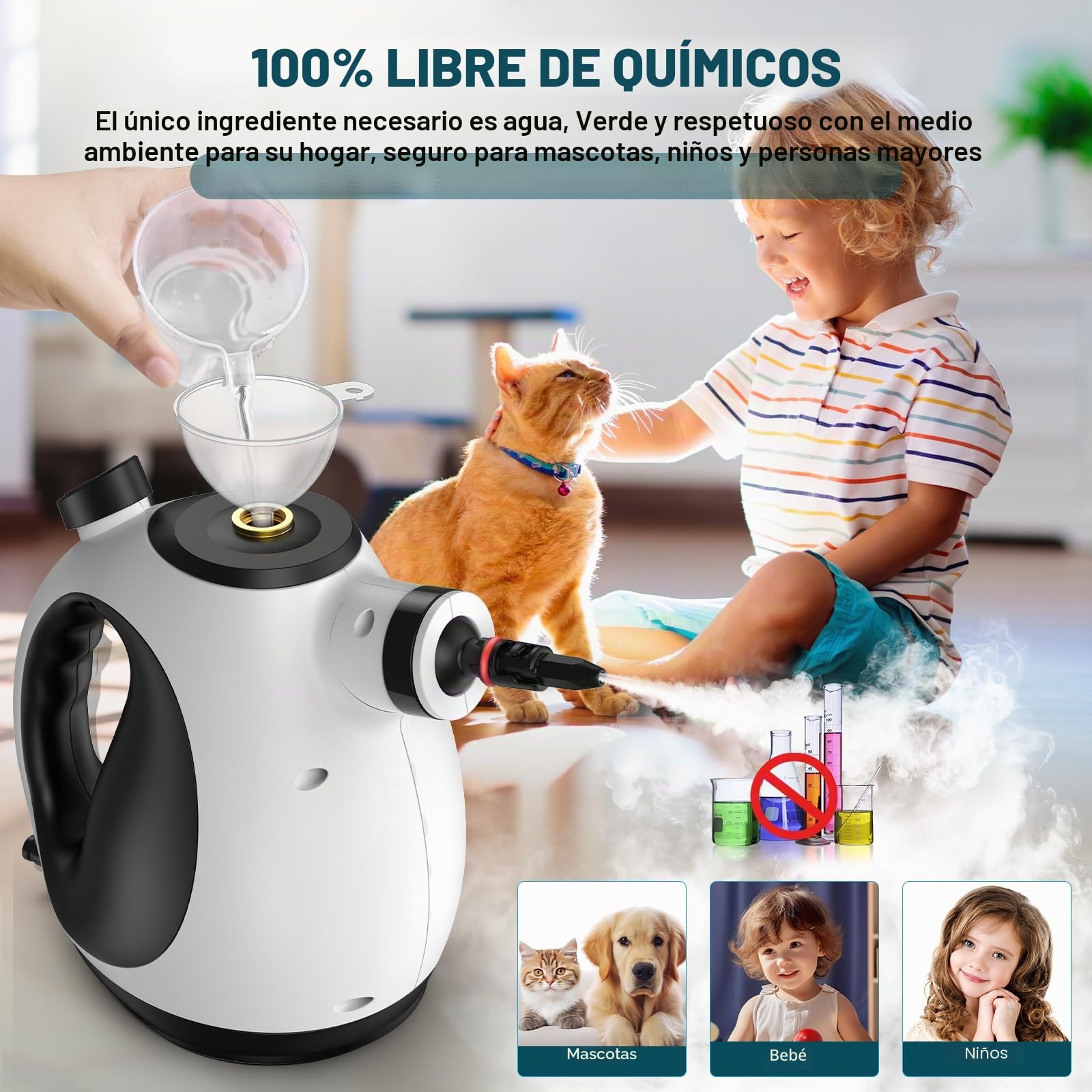 Vaporeta Limpieza Hogar Potente, Vaporeta de Mano de usos Múltiples con 14 Accesorios & Depósito de 350 ml,1050W Steam Cleaner para Alfombras,Cortinas,Sofás,Cocinas y Baños