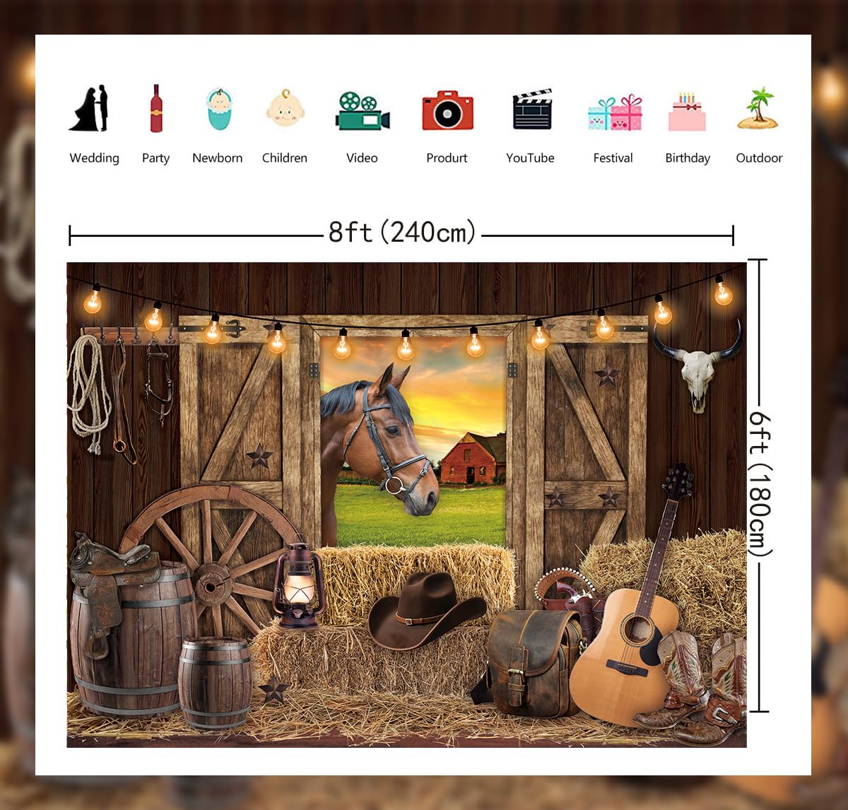Western Cowboy Backdrop Wild West Rustic Wooden House Barn Photography Background for Kids Adults Cowboy Theme Baby Shower Party Decorations Banner (8X6ft (240x180cm)) - Image 2