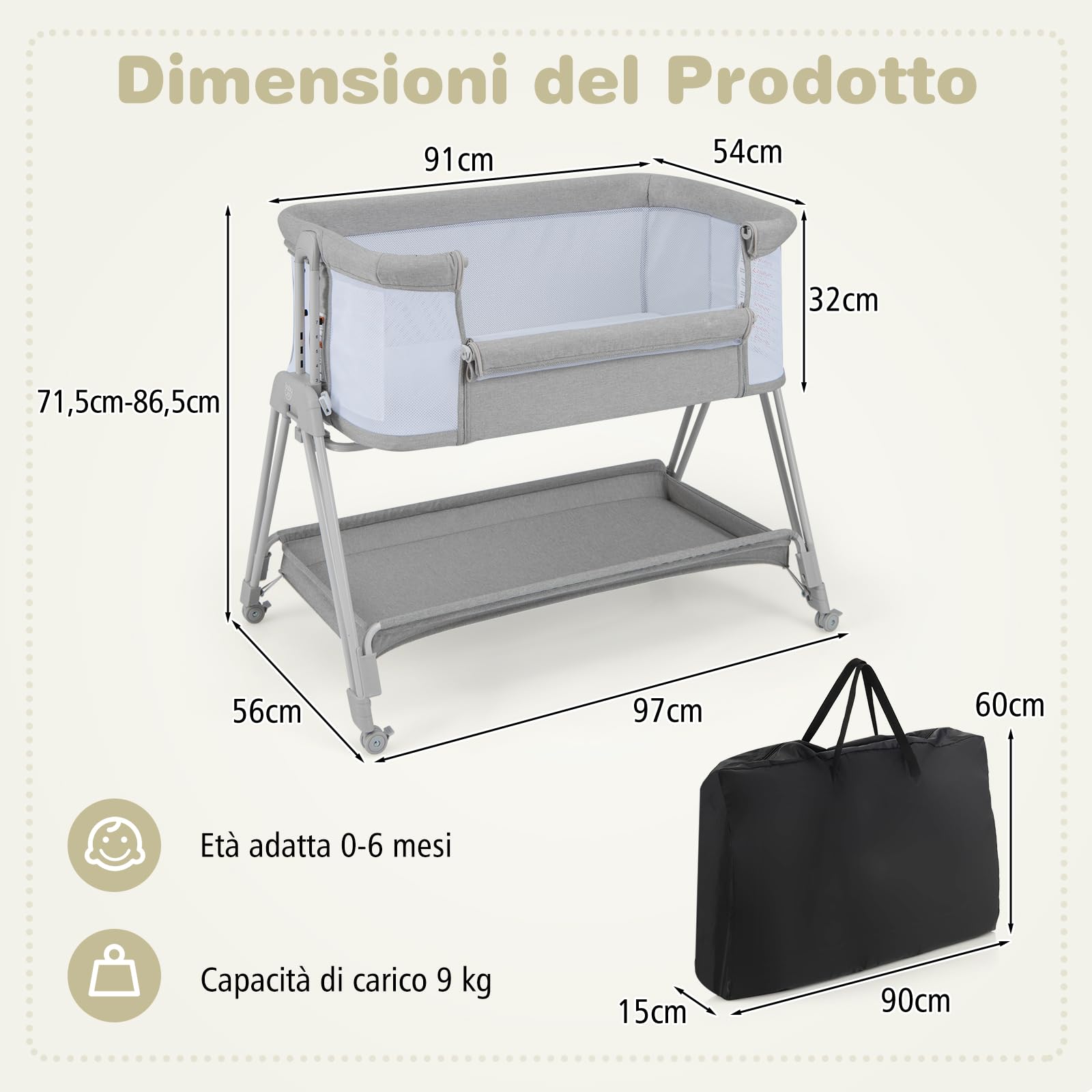 COSTWAY Lettino per Neonati, Culla Portatile Pieghevole con Ripiano Portaoggetti, 7 Altezze Regolabili, Materasso e Borsa per Trasporto (Grigio)