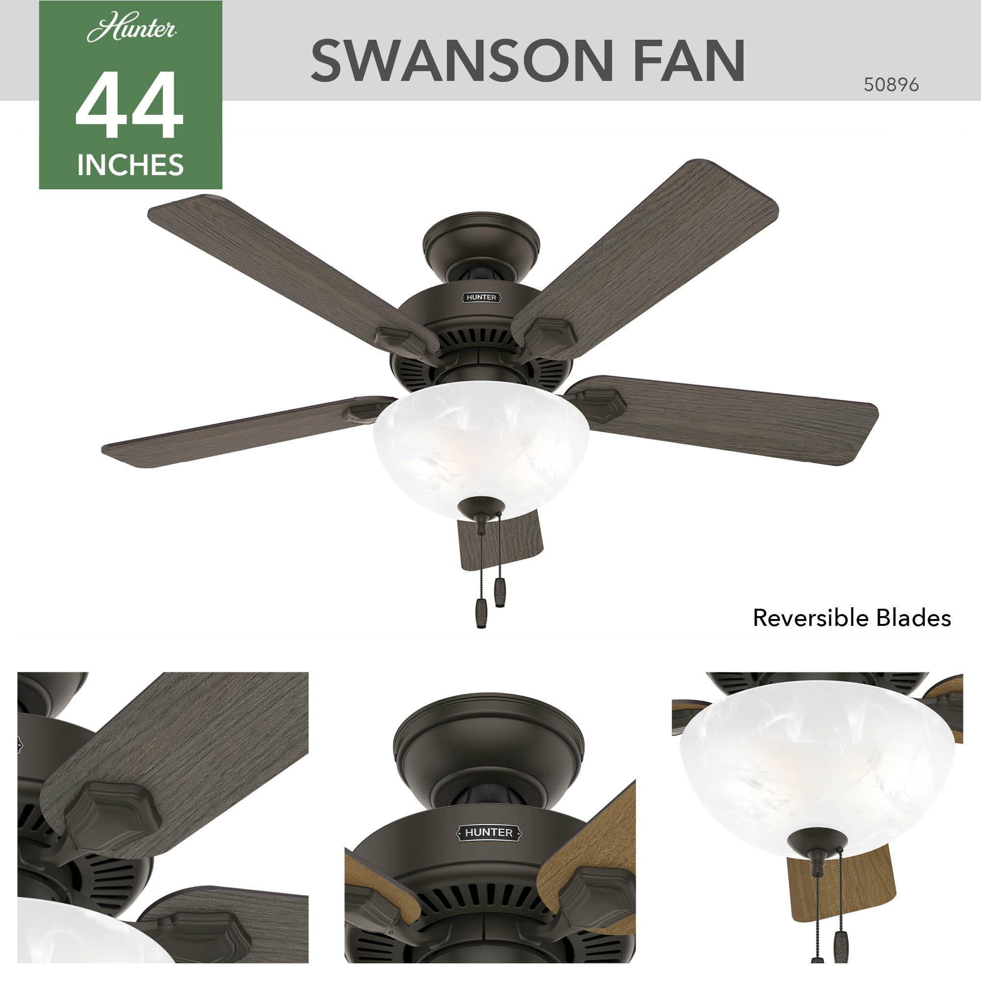 Hunter Fan Company 50896 Hunter Ventilador de techo Swanson de 44 pulgadas con luz LED de cuenco, bronce