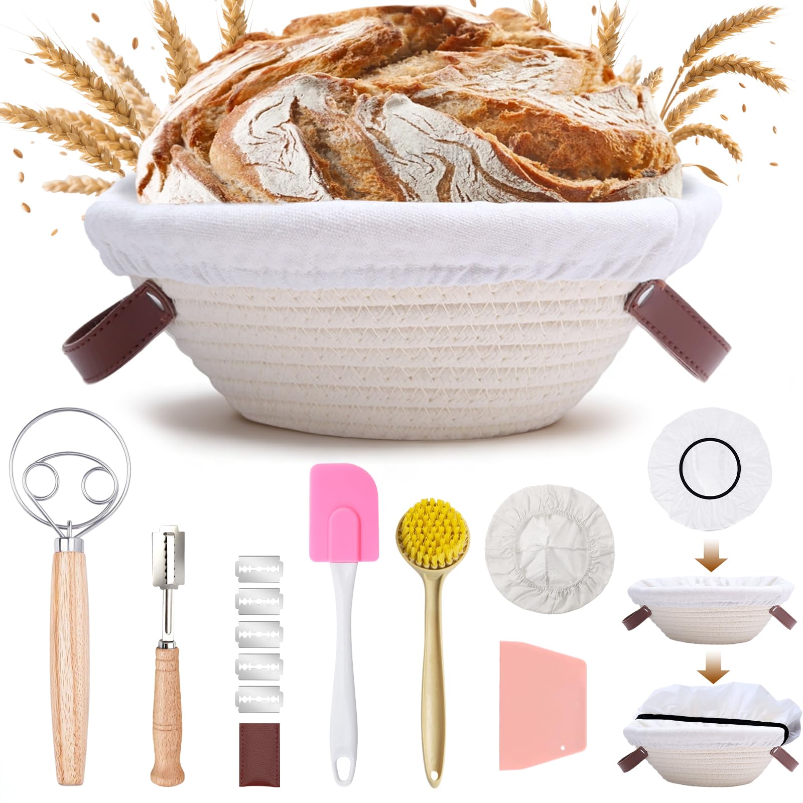 Mispudin Banneton Proofing Basket Set - 9-Inch Cotton Rope Bread Proofing Basket Round with Handle - Sourdough Starter Kit with Proving Cover, Dough Whisk, Bread Lame, Spatulas and More for Bakers