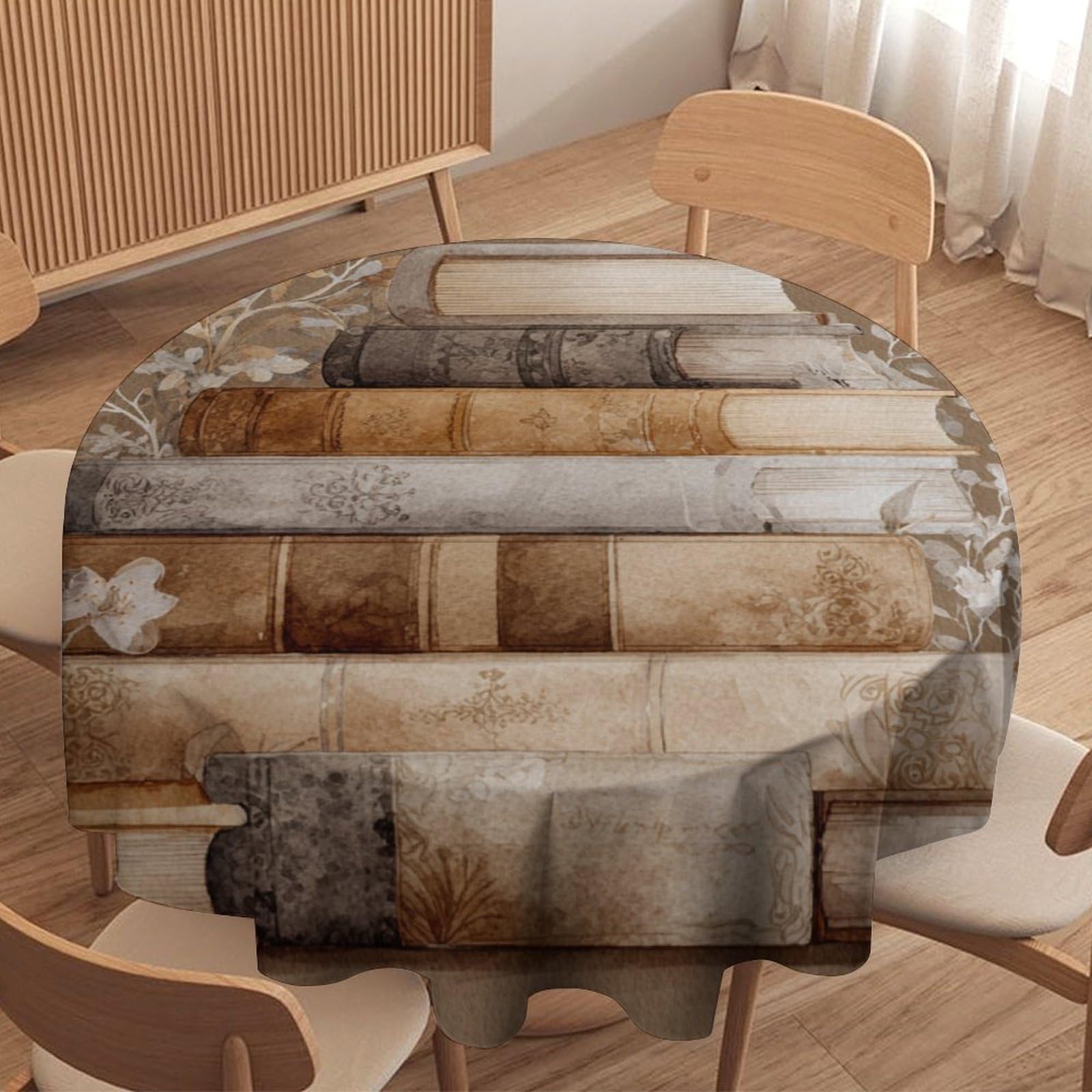 LUYYSKY Fantasy Classic Fairy Books Round Tablecloth Rustic Abstract Antique Books Boho Floral Pattern Washable Decor for Table Cover for Kitchen-127 Wx127 L cm