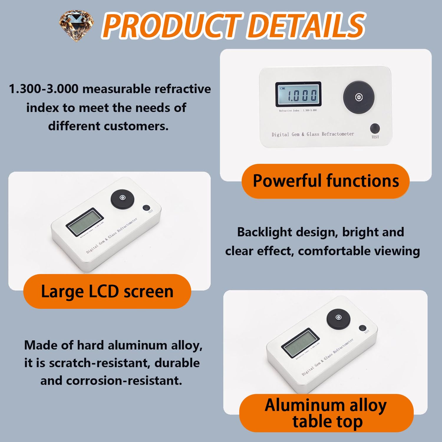 Refractómetro de Gemas Digital con Pantalla LCD y Batería de 700mAh, Índice de Refracción 1.300-3.000, Resolución de Medición 0.001, Adecuado para Tiendas de Joyas y Jade