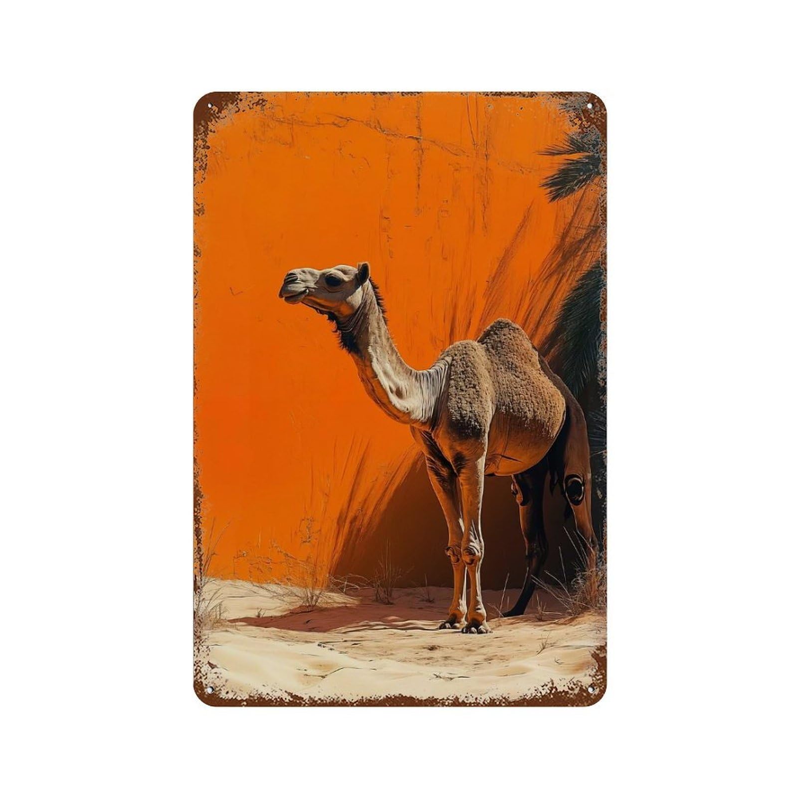 Camel Portrait Against Orange Wall Distressed Metal Wall Sign 11.8"x7.9", Ideal for Patio, Garden Room And Bar Decor