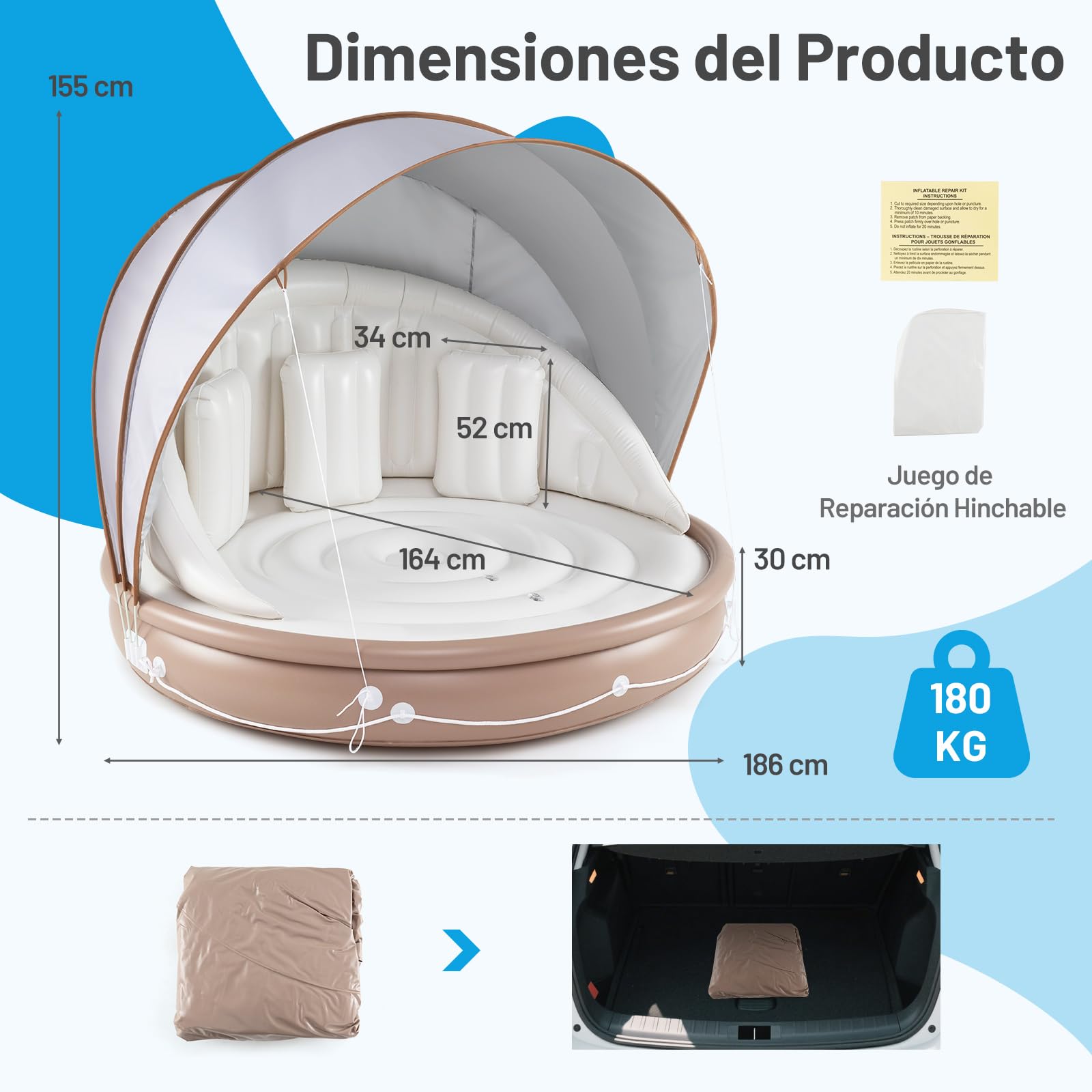 COSTWAY Isla Hinchable con Toldo para 2 Adultos, Flotador de Piscina para Bronceado con 3 Almohadas Hinchables, Dosel Retráctil y Removible, de Interior y Exterior Capacidad de Carga de 180 kg