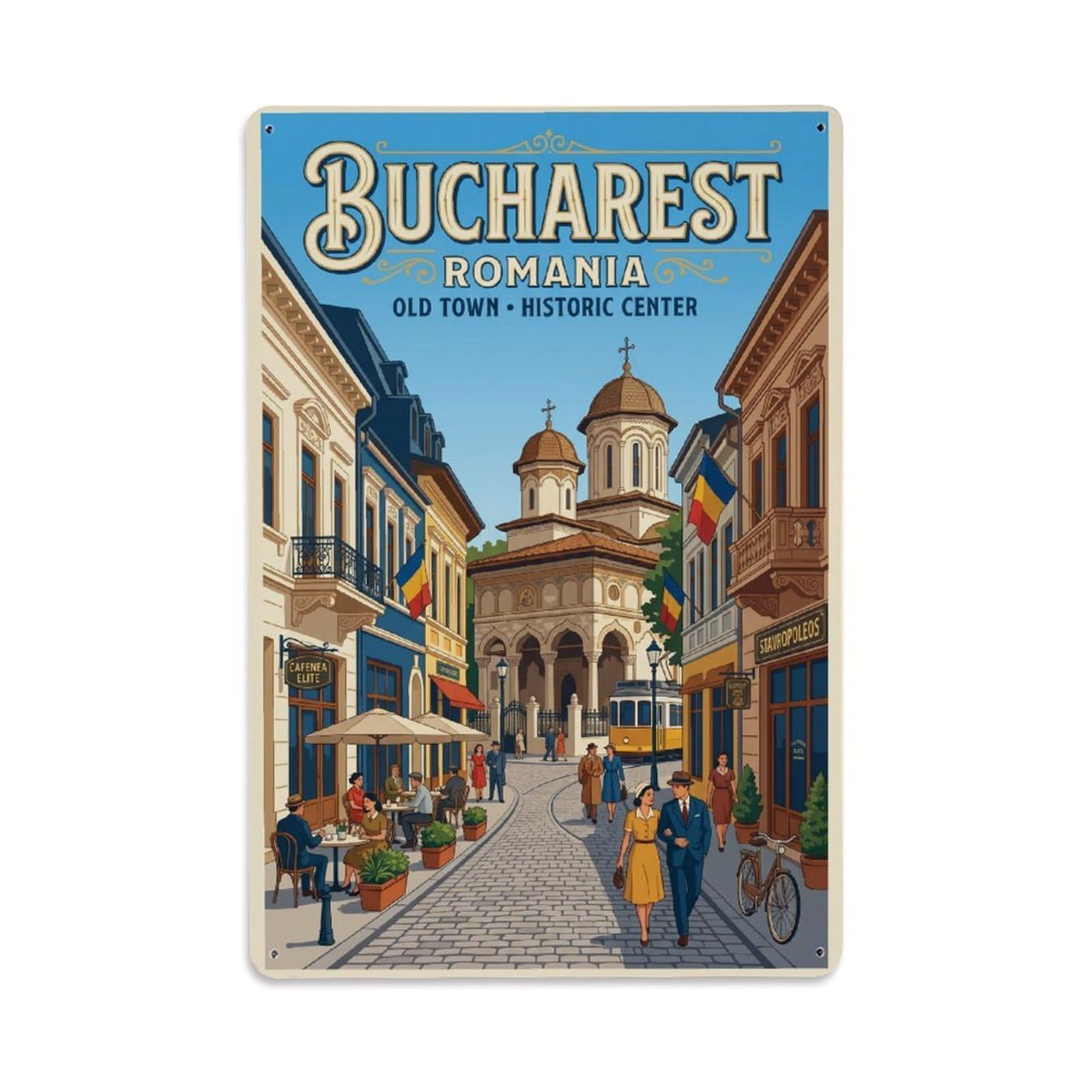 Vintage Travel Bucharest Old Town Clean Romania Metal Tin Sign Plaque Wall Decor for Cafe, Club Bar, Office, Home Garden Metal Poster 8x12Inch